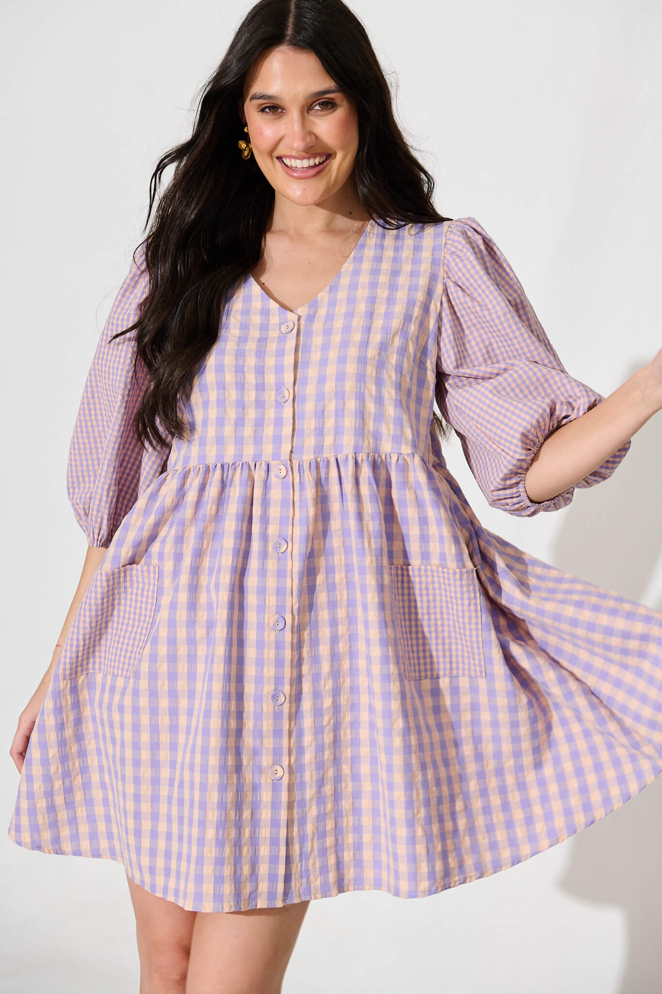 Ginnie Smock Dress in Lilac and Pink Gingham Cotton
