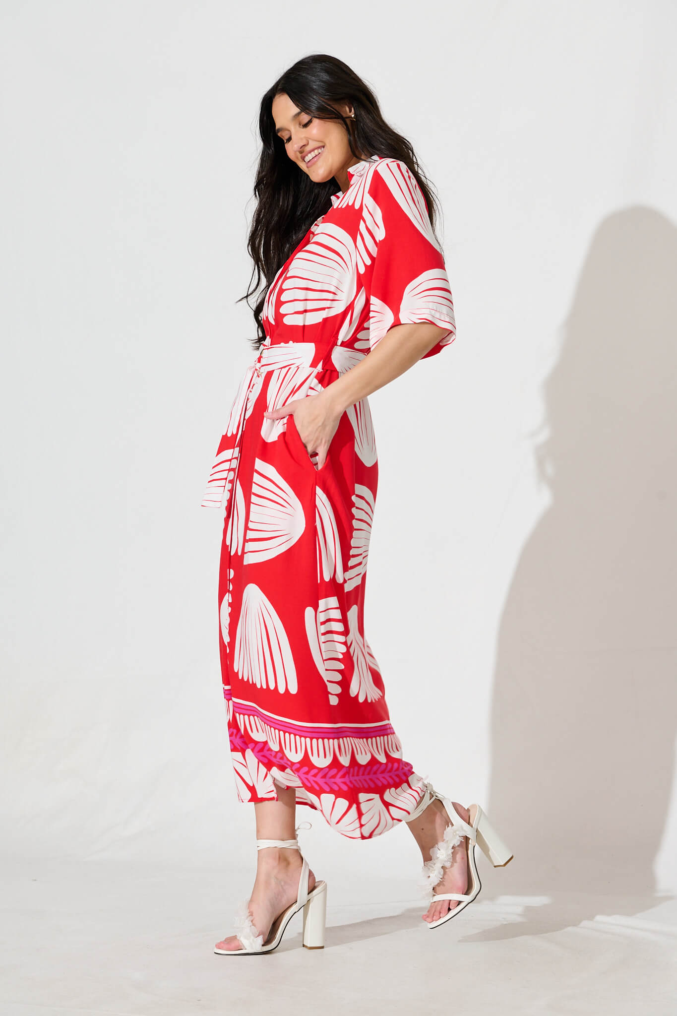 Satori Midi Shirt Dress in Red with White Print