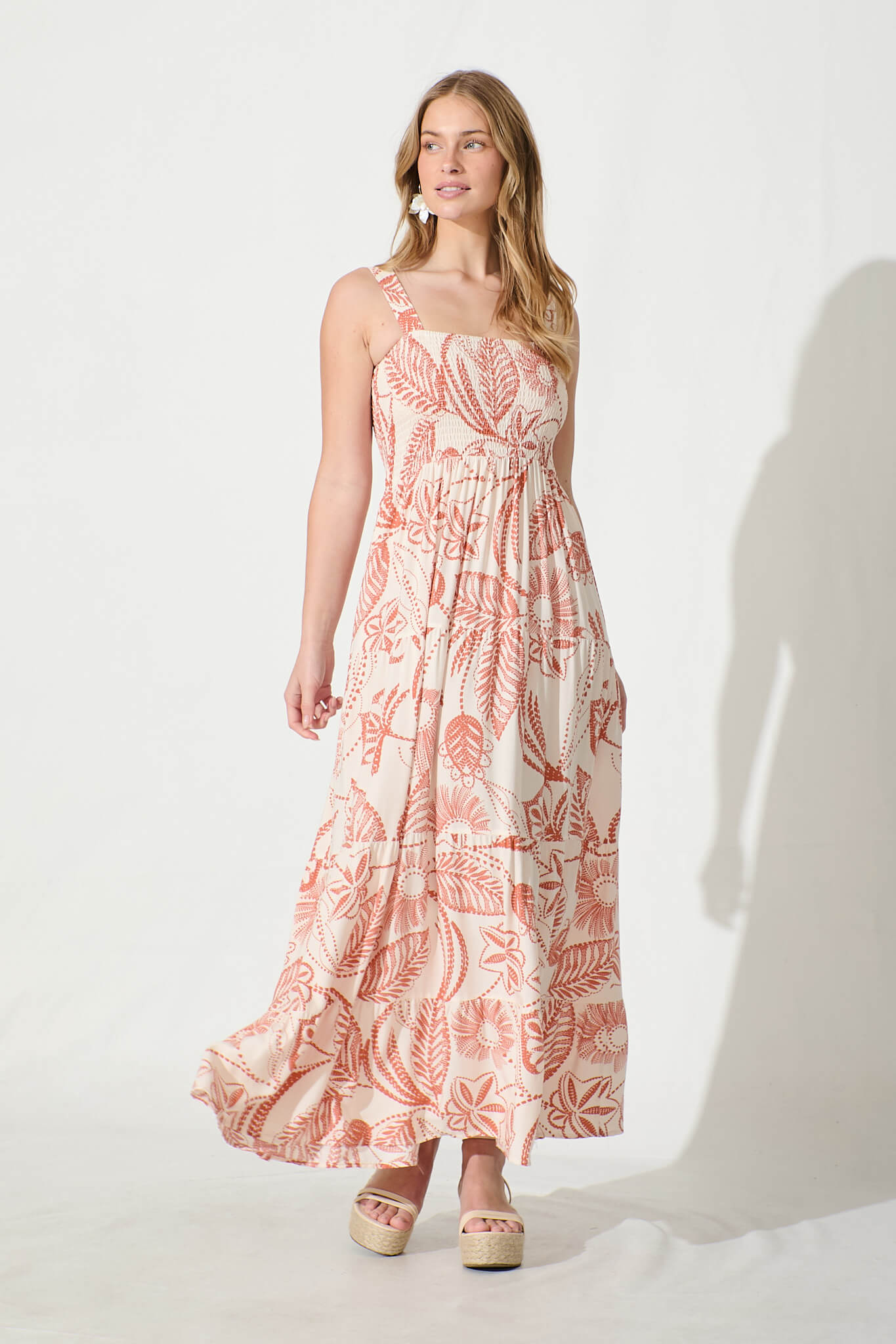 Panola Maxi Sundress in Cream with Rust Print