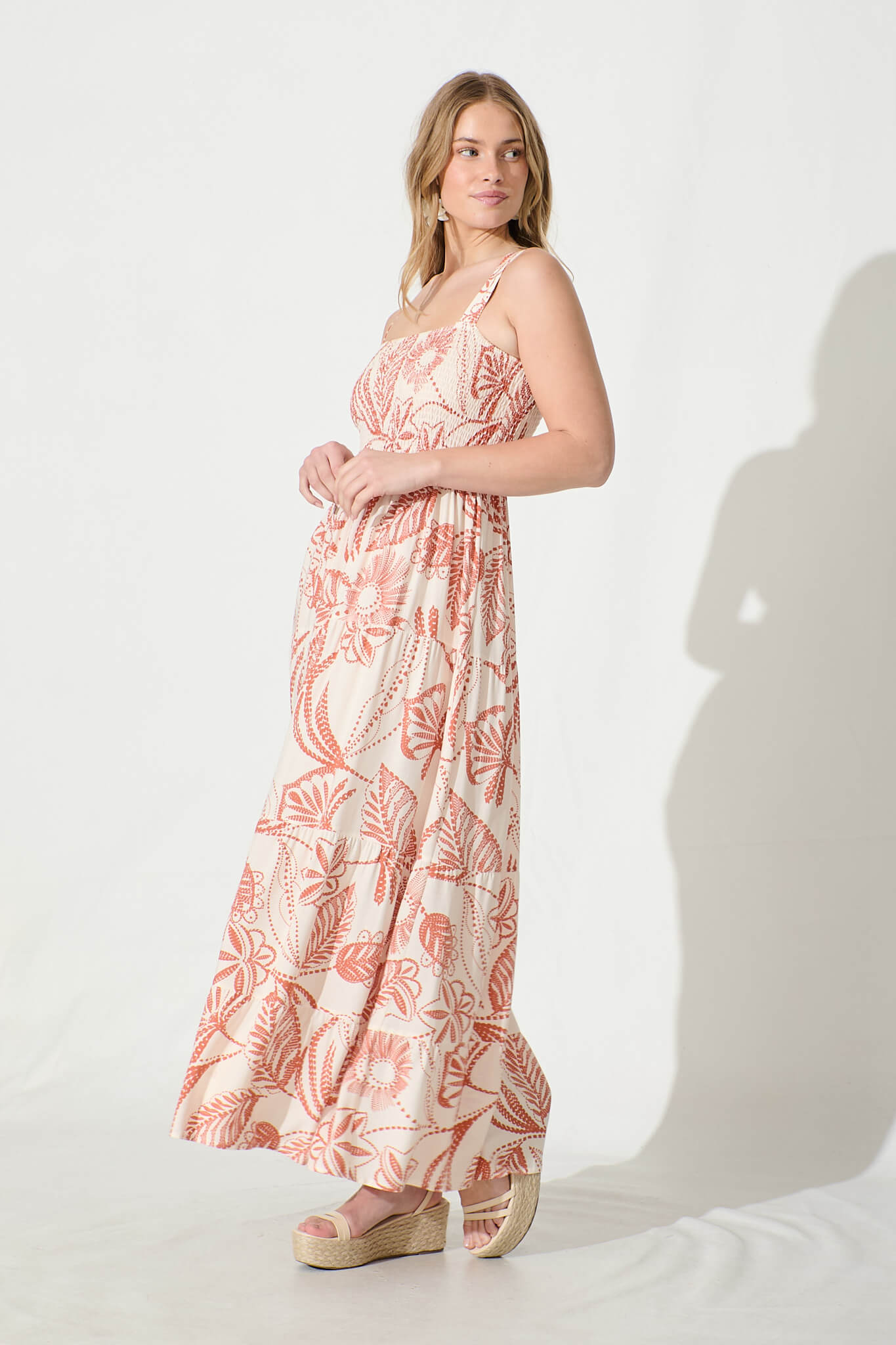 Panola Maxi Sundress in Cream with Rust Print