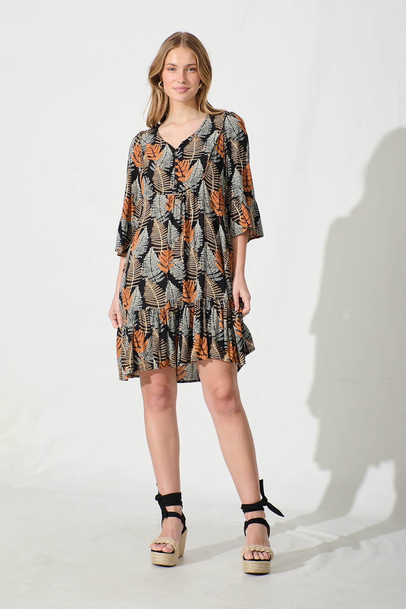 Mara Smock Dress in Black with Multi Leaf Print