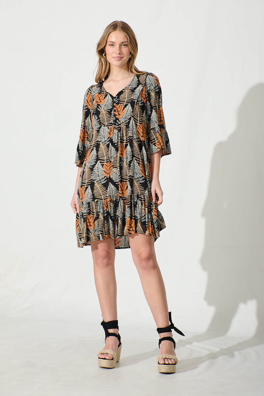 Mara Smock Dress in Black with Multi Leaf Print