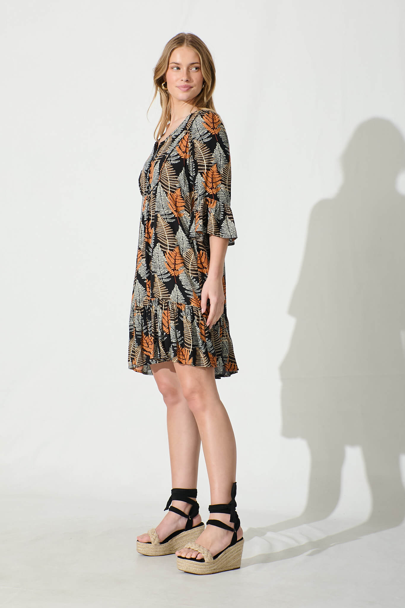 Mara Smock Dress in Black with Multi Leaf Print