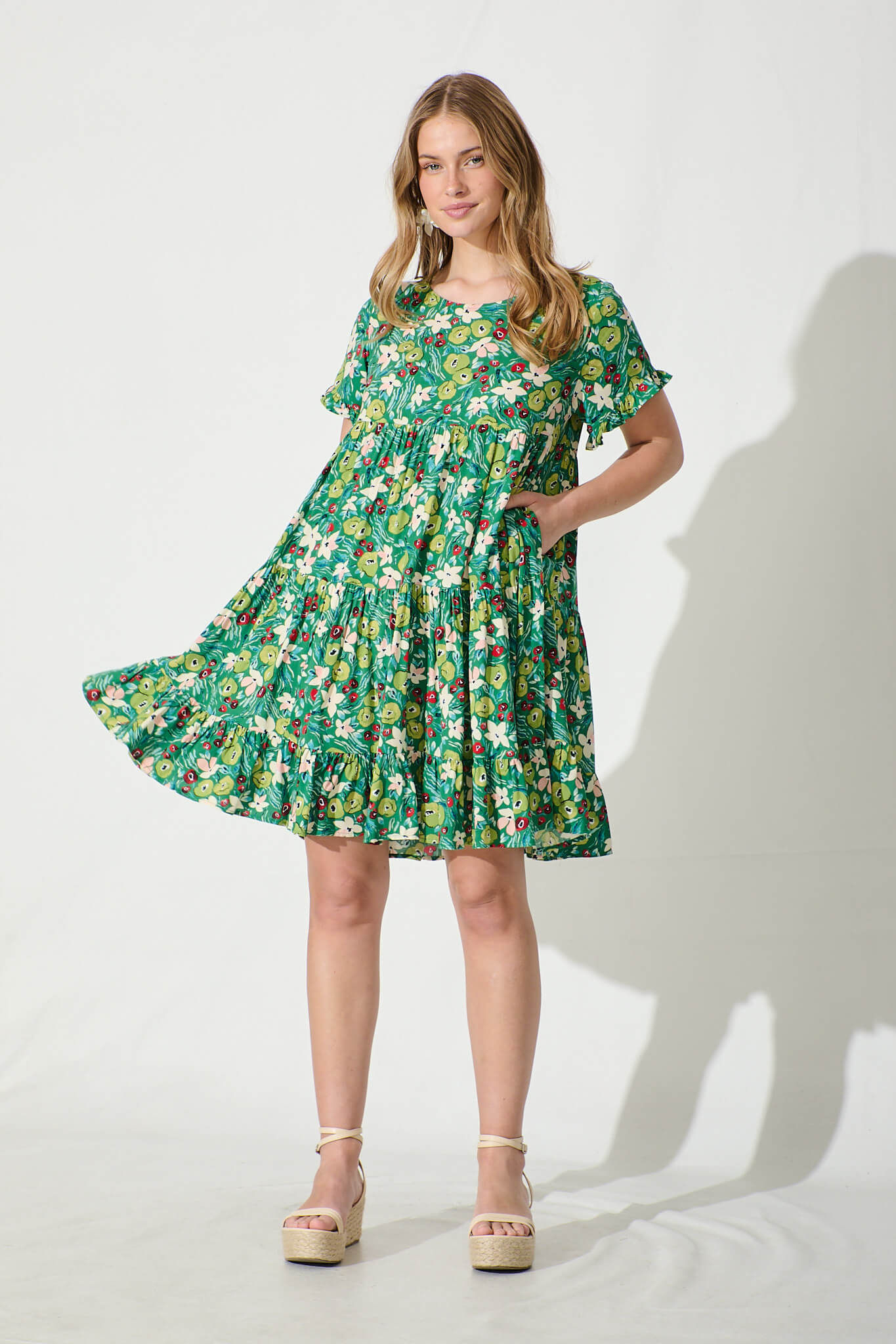 Carisse Smock Dress in Jade with Multi Floral