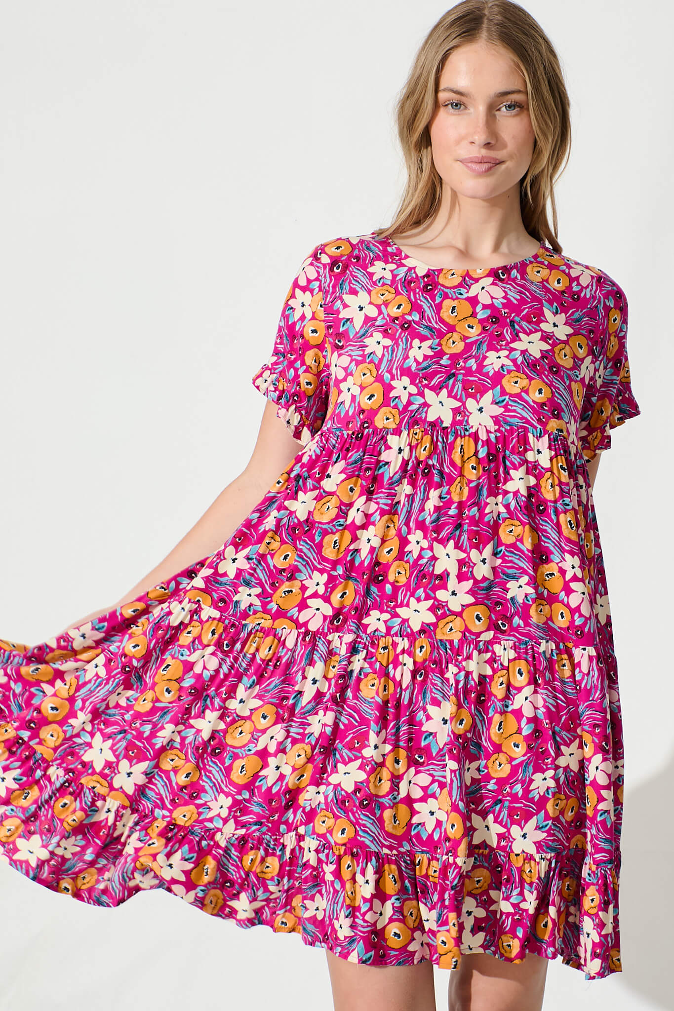 Carisse Smock Dress in Fuchsia With Multi Floral
