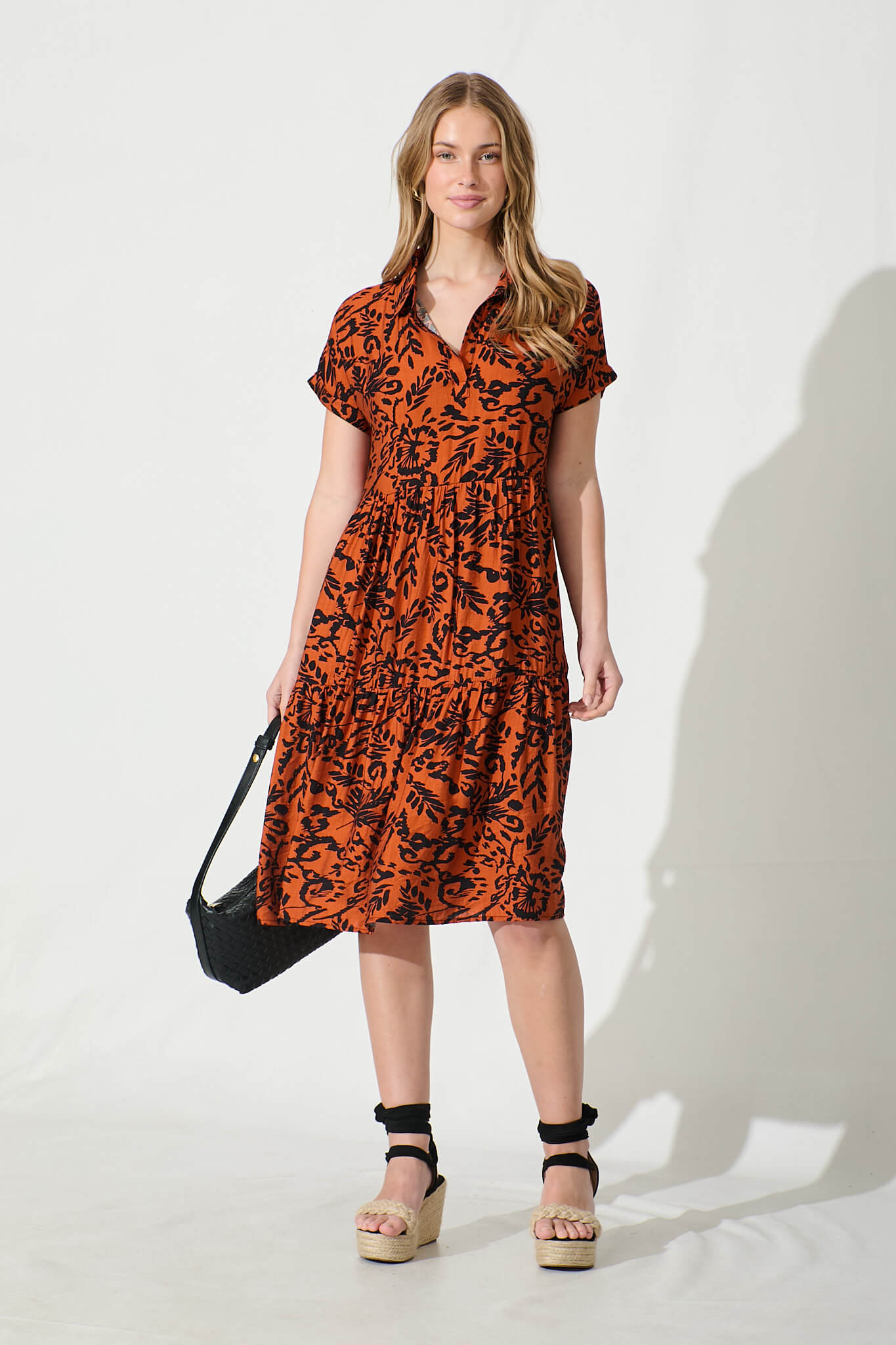 Ann Smock Dress in Rust with Black Print