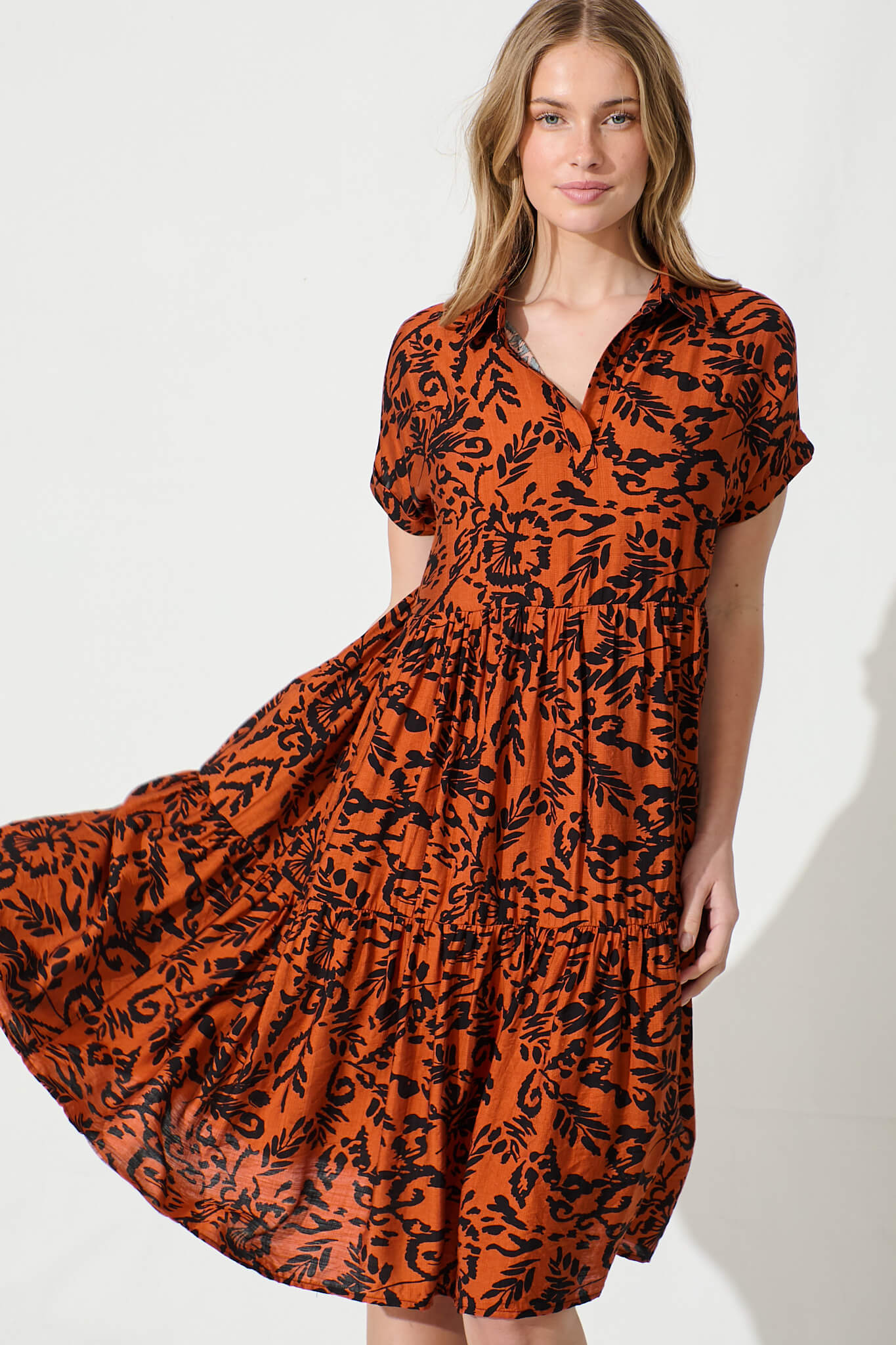 Ann Smock Dress in Rust with Black Print