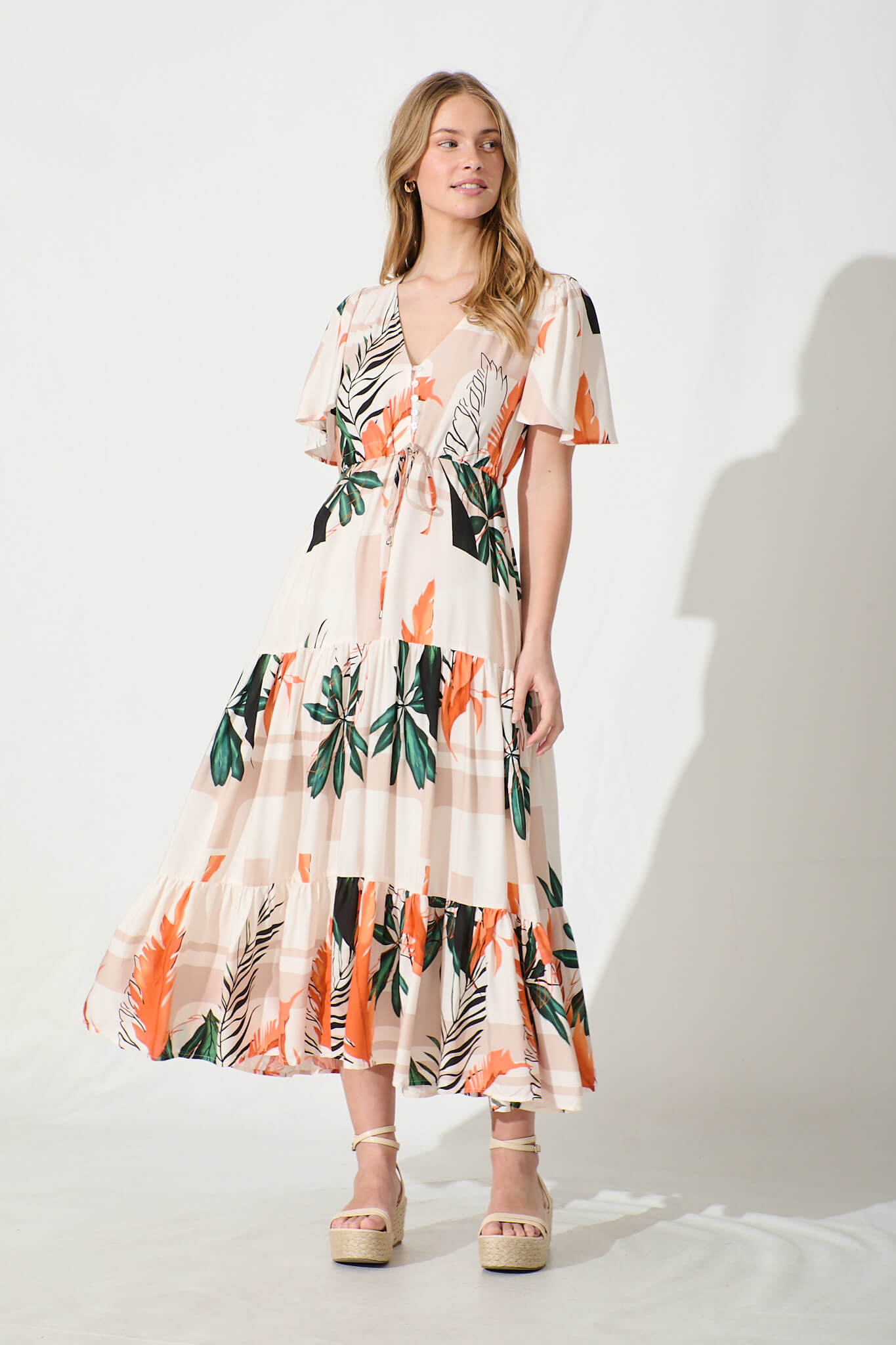 Elina Midi Dress in Cream with Green and Orange Leaf