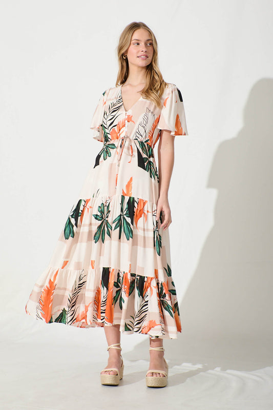 Elina Midi Dress in Cream with Green and Orange Leaf