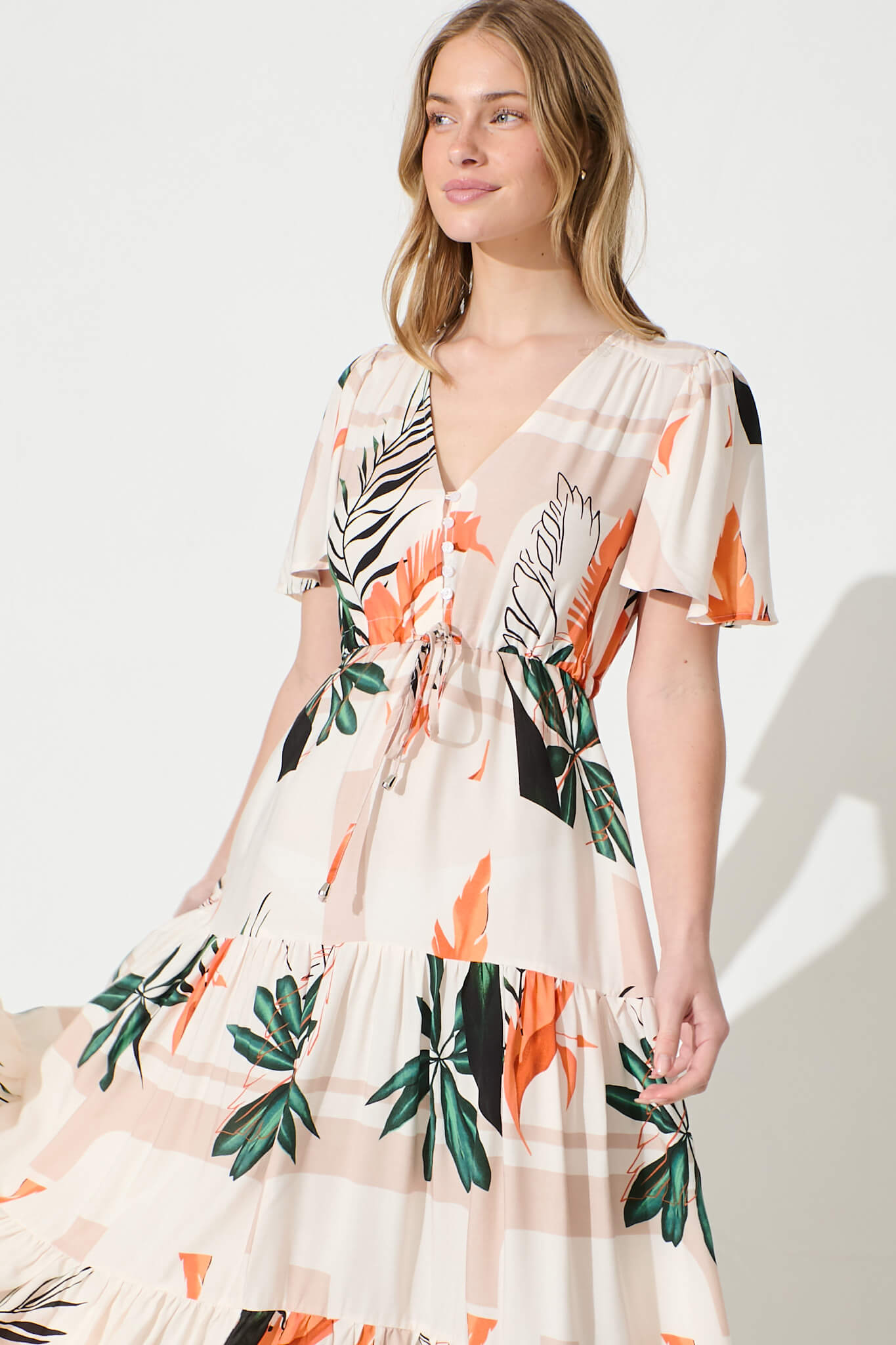 Elina Midi Dress in Cream with Green and Orange Leaf