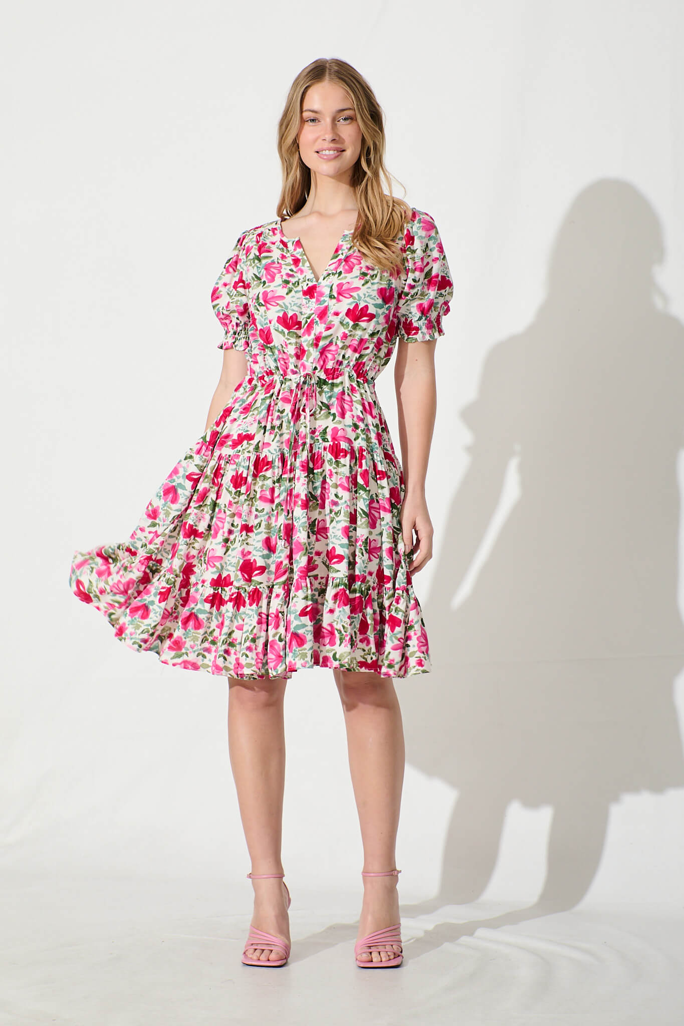 Adilah Dress in White with Pink and Green Floral