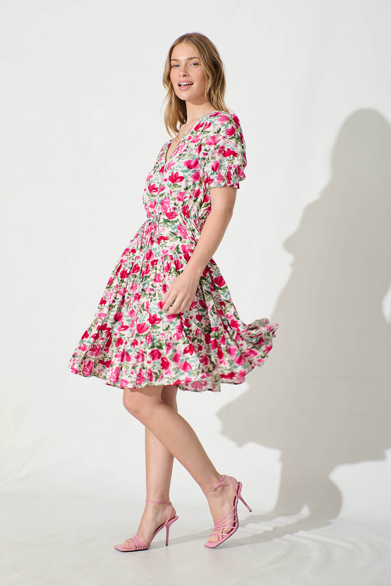 Adilah Dress in White with Pink and Green Floral