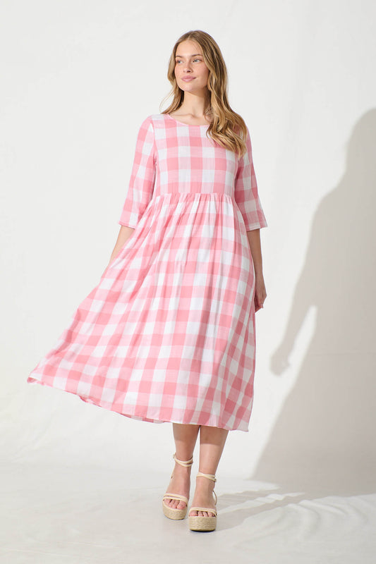 Zara Midi Smock Dress in Pink with White Gingham Cotton