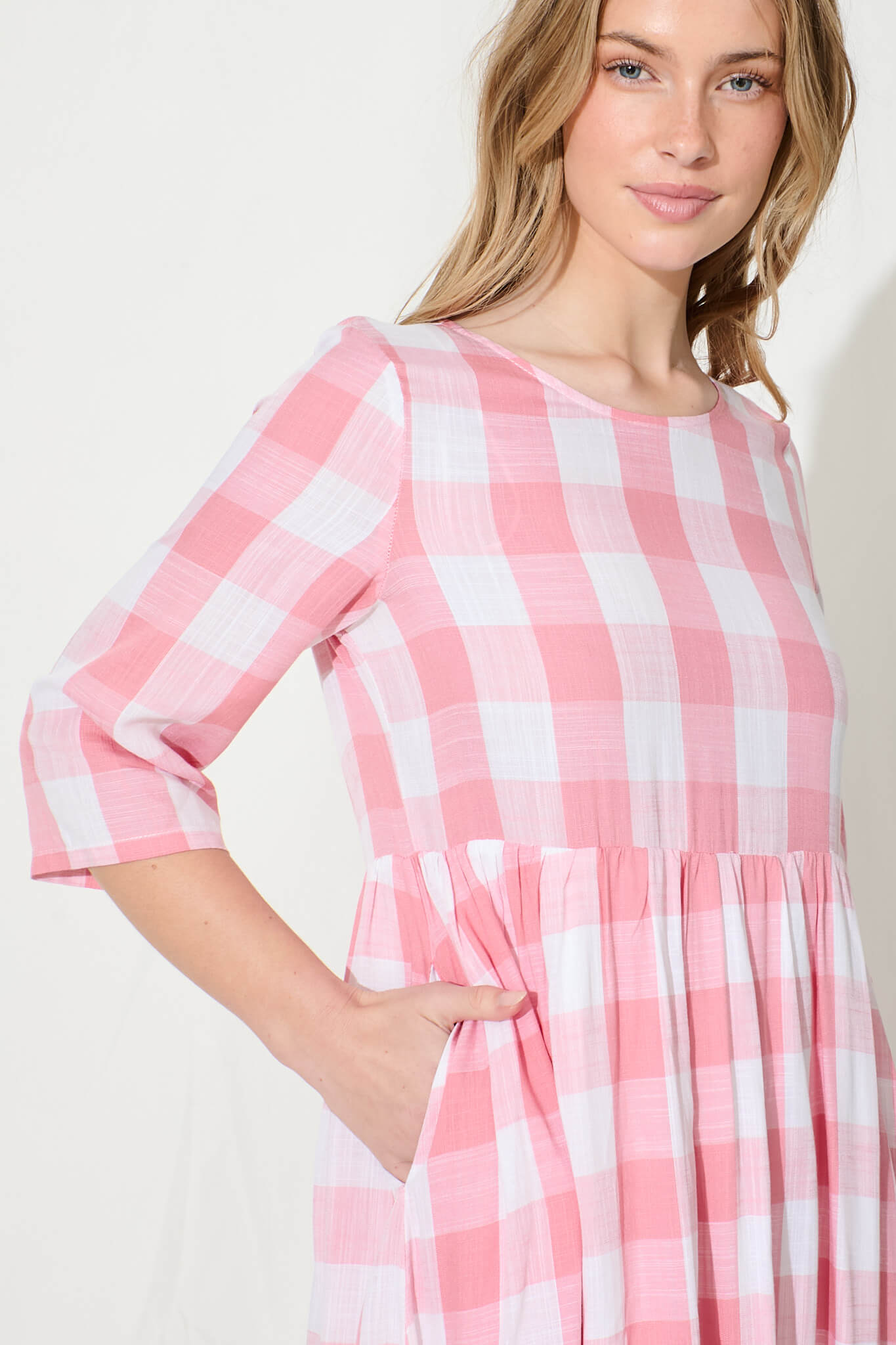 Zara Midi Smock Dress in Pink with White Gingham Cotton
