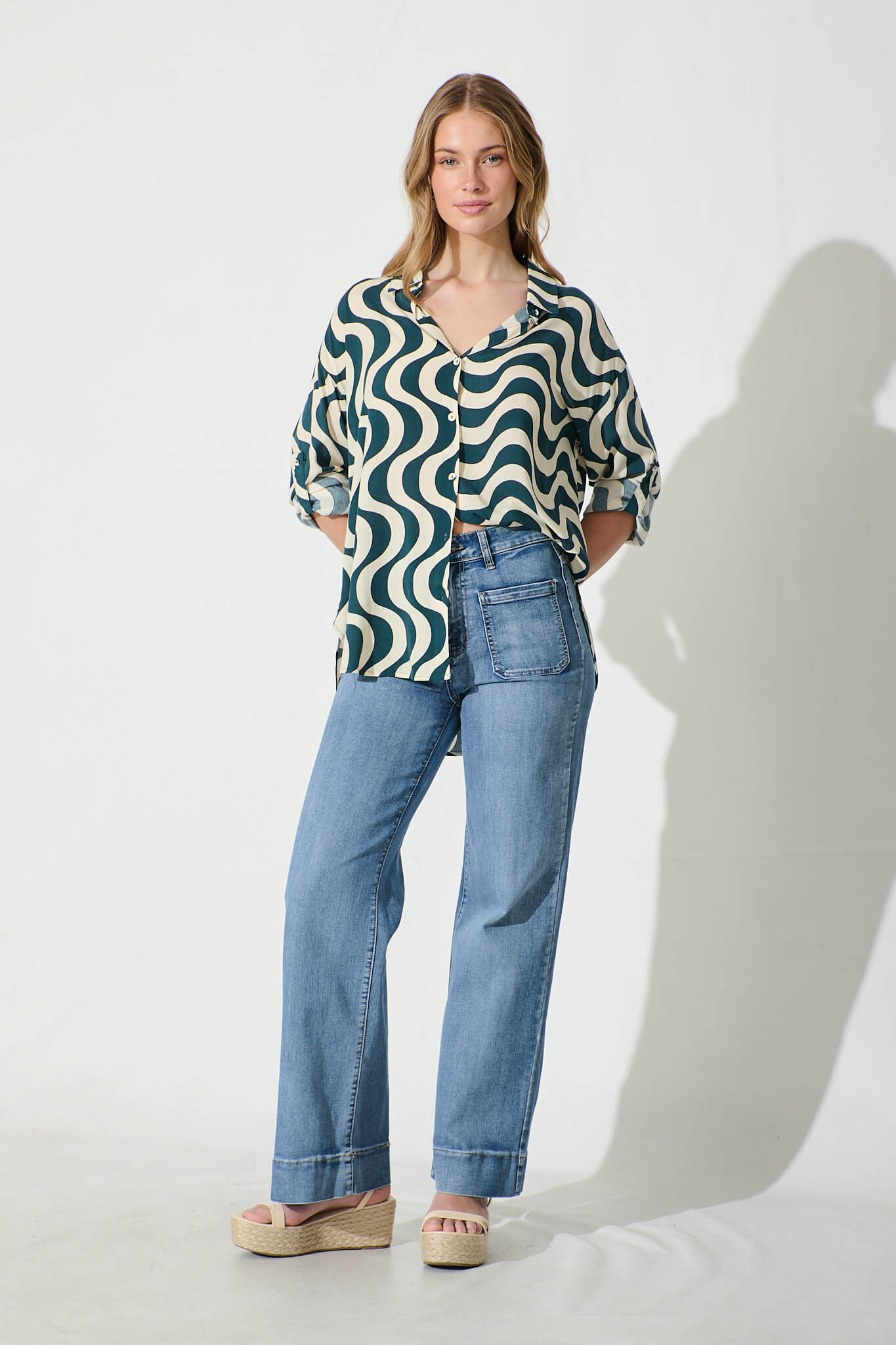 Carin Shirt in Emerald and Cream Swirl Print