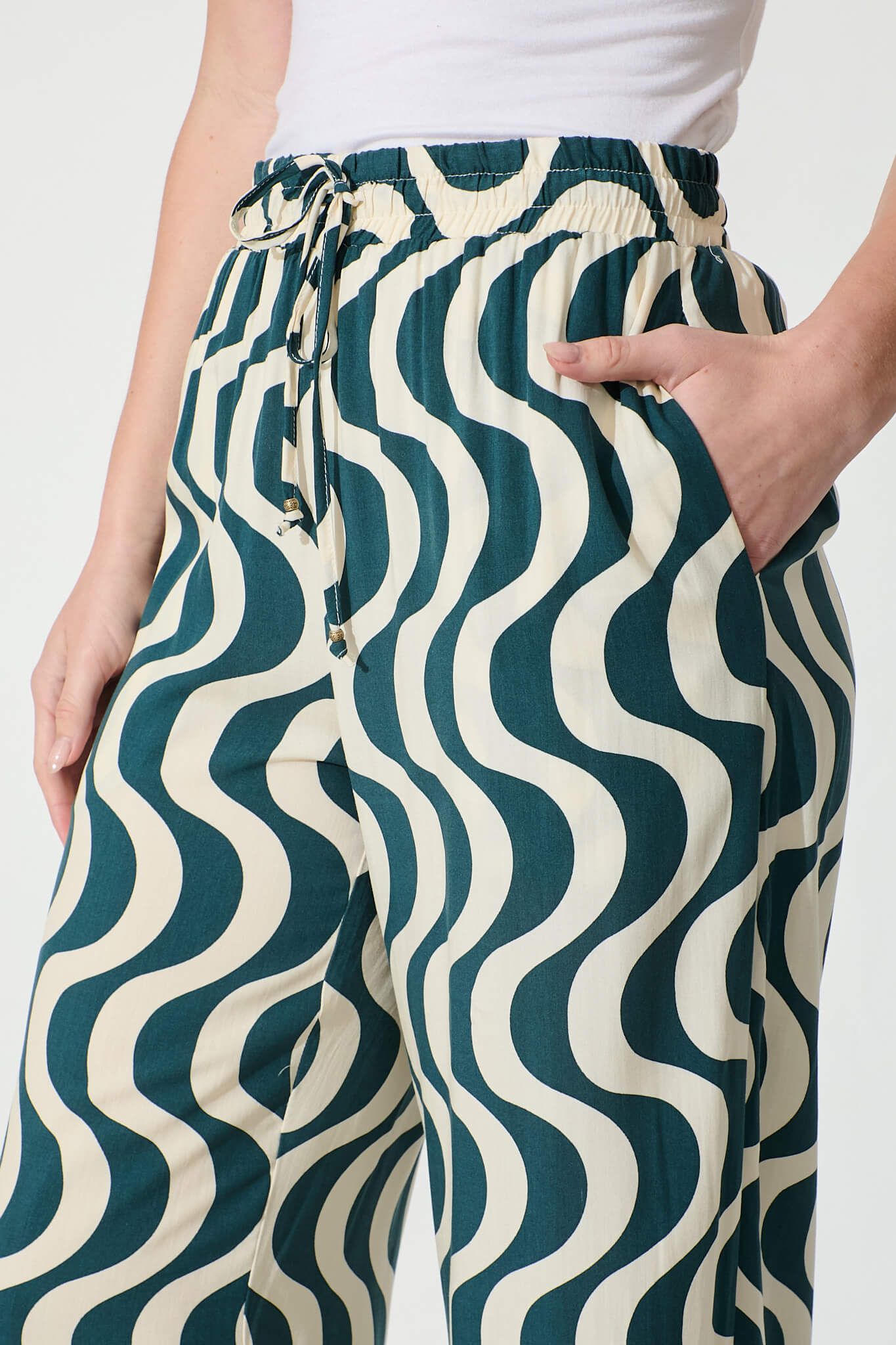 Anjeanette Wide Leg Pant in Emerald and Cream Swirl Print