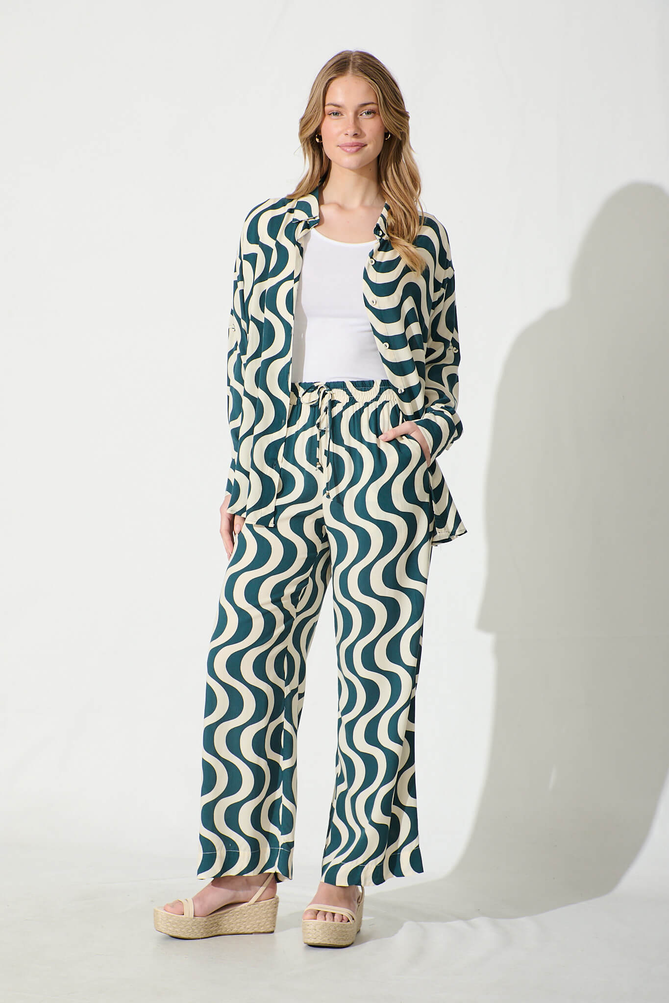 Anjeanette Wide Leg Pant in Emerald and Cream Swirl Print
