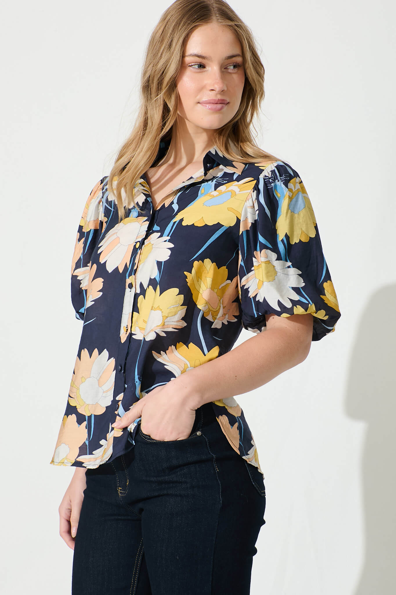 Azari Shirt in Navy with Mustard Floral Cotton Blend