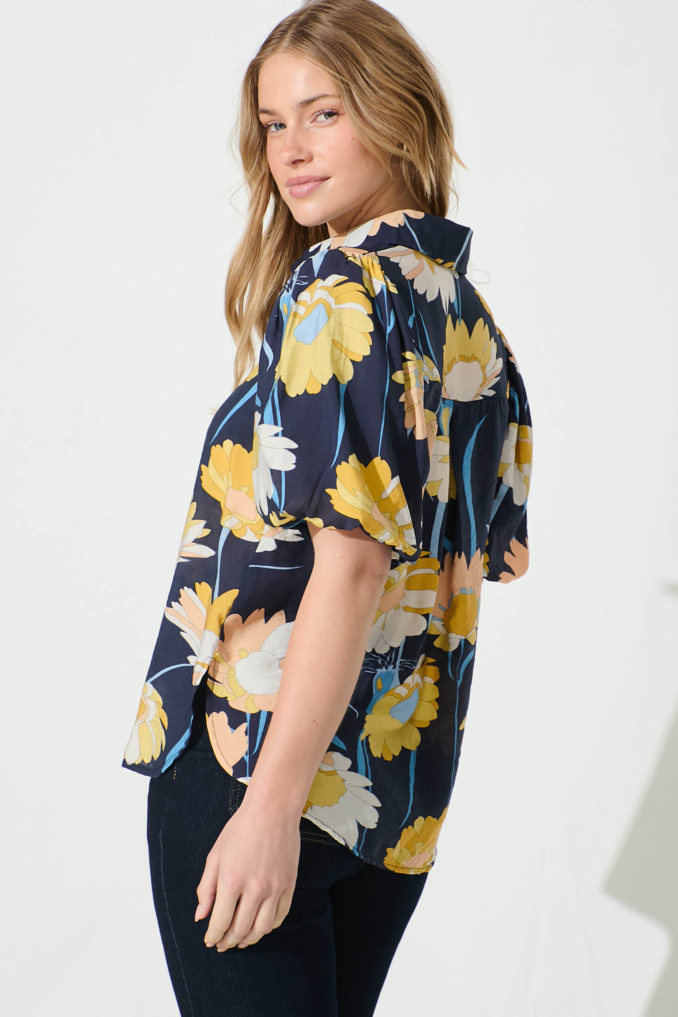 Azari Shirt in Navy with Mustard Floral Cotton Blend