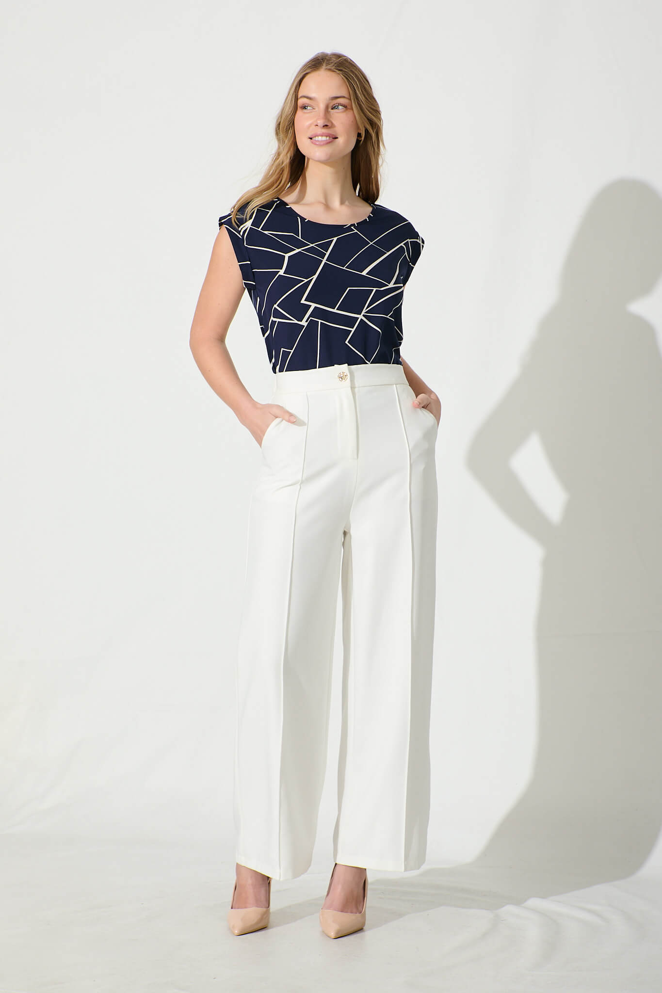 Rejina Top in Navy with White Print