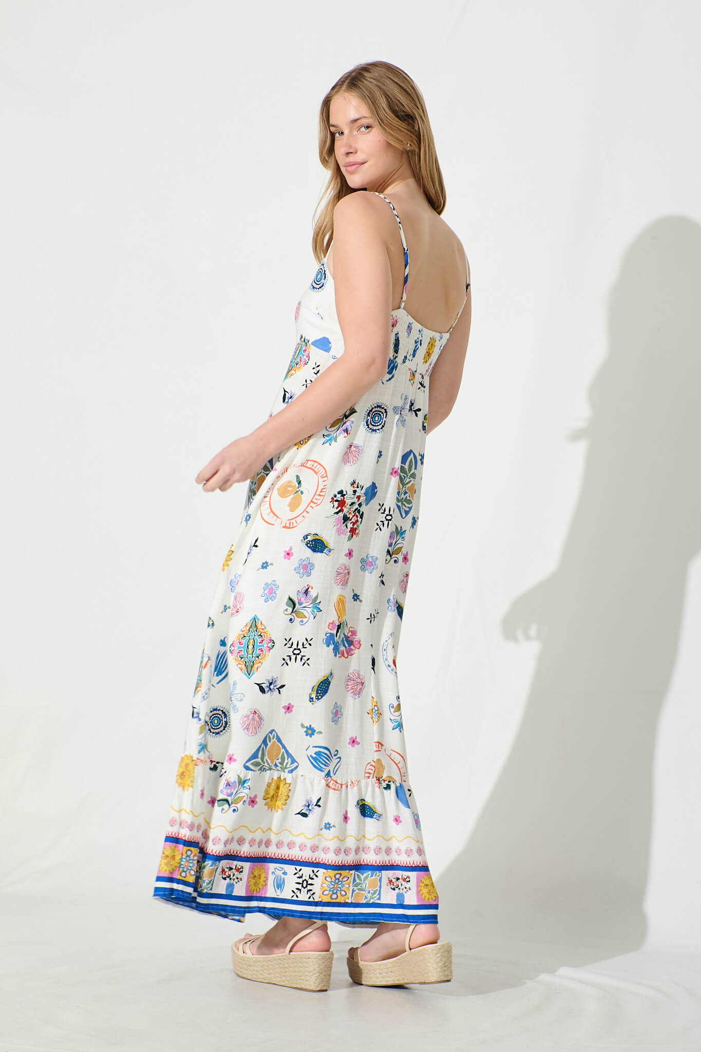 Mabrey Maxi Sundress in White with Multi Print