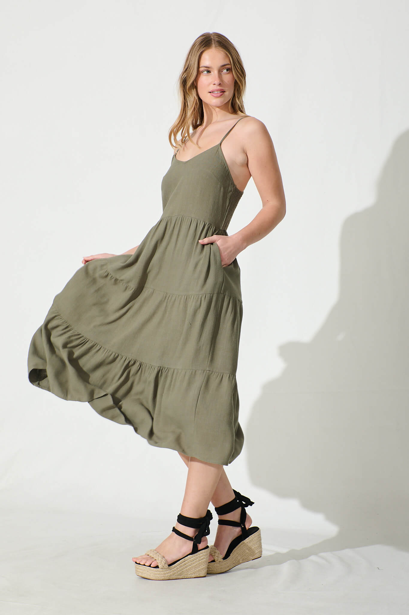 Utopia Midi Sundress in Khaki Linen Blend