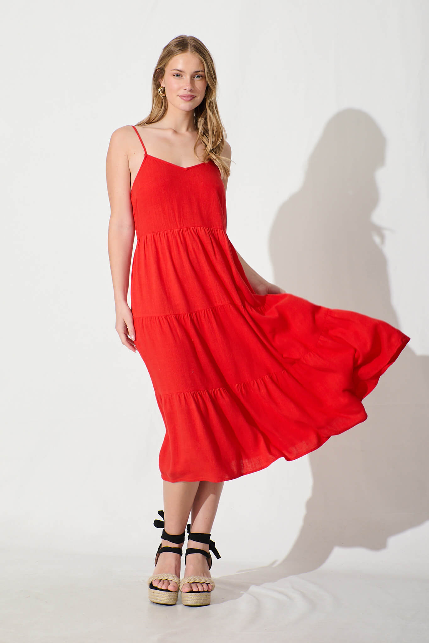 Utopia Midi Sundress in Red Linen Blend