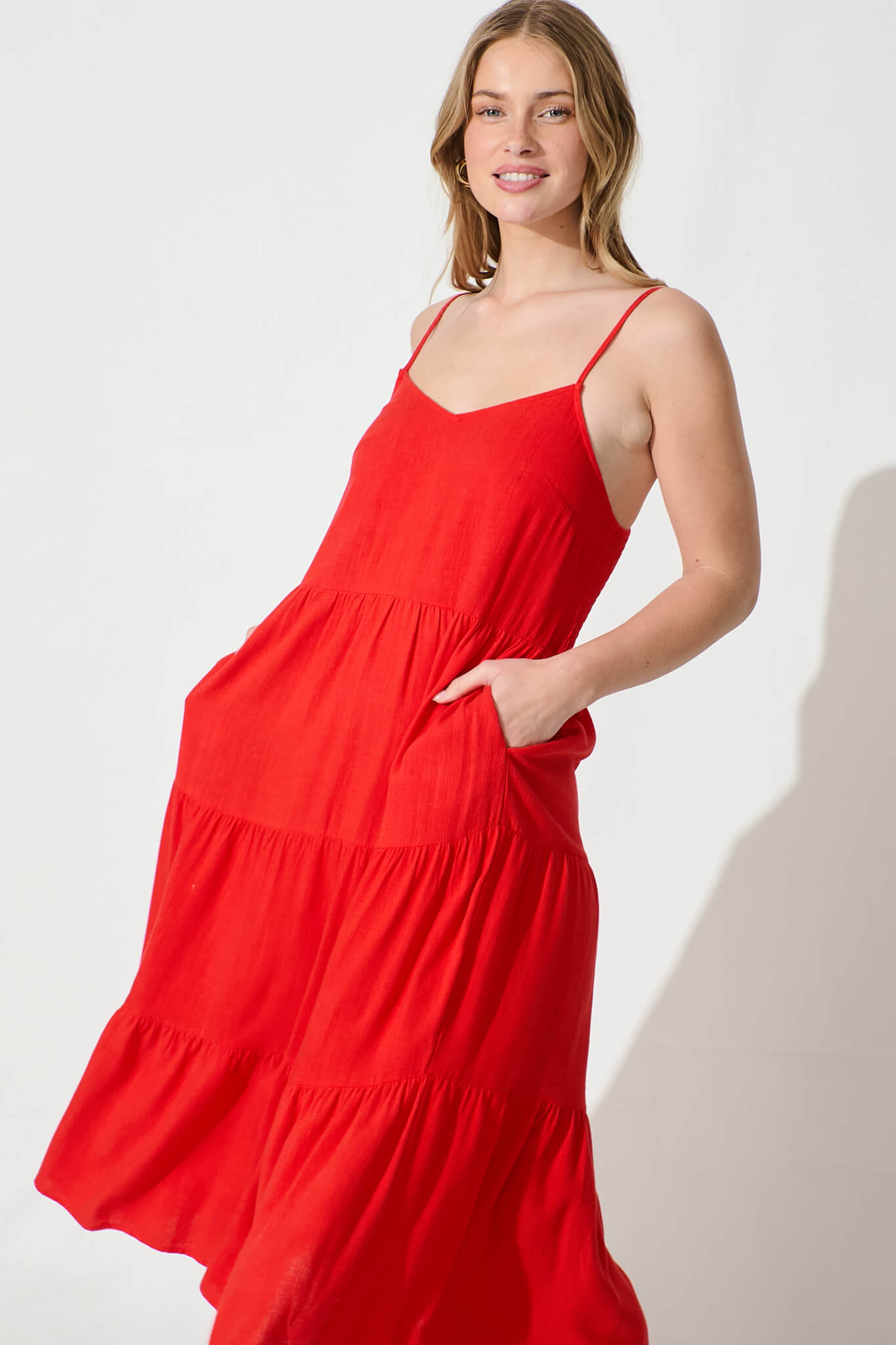 Utopia Midi Sundress in Red Linen Blend