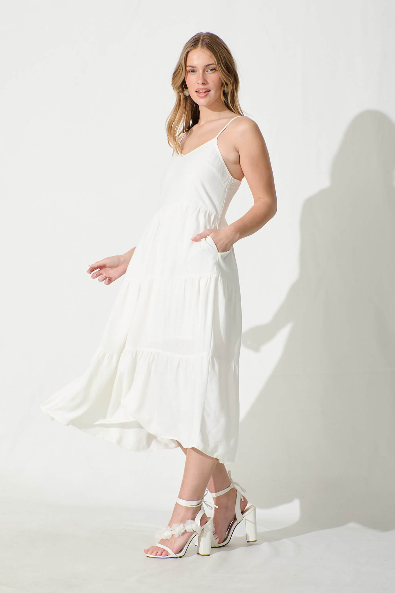 Utopia Midi Sundress in White Linen Blend