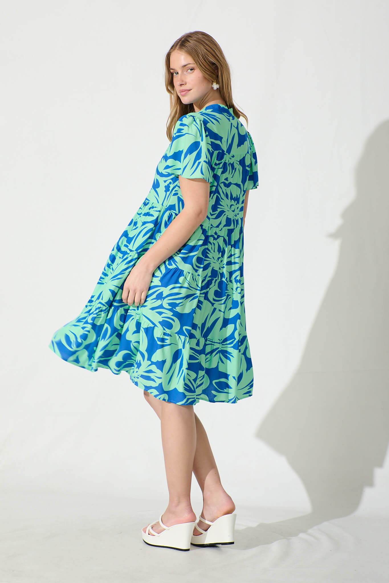Saldana Smock Dress in Blue and Green Floral Print