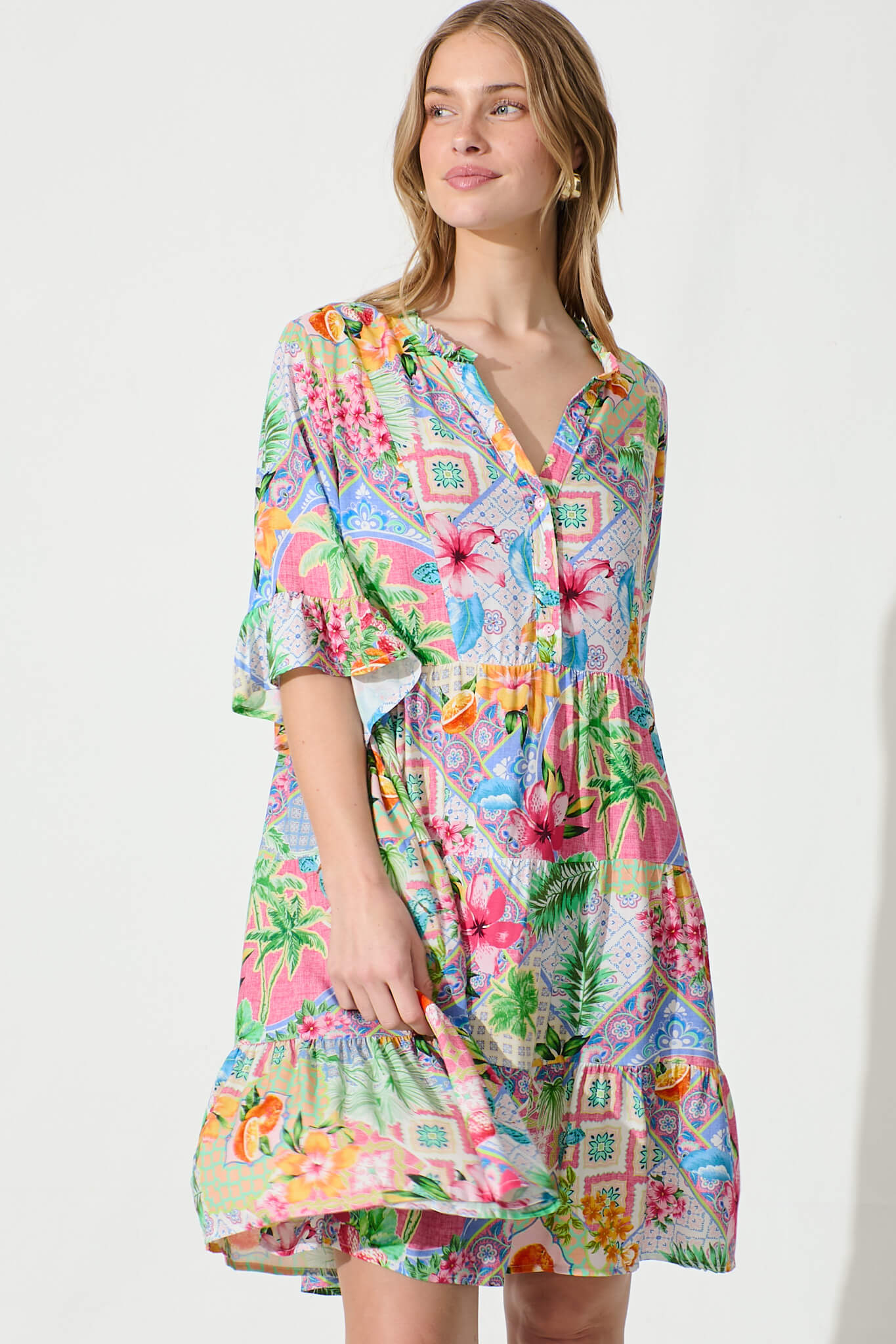 Aleister Smock Dress in Bright Multi Patchwork Floral