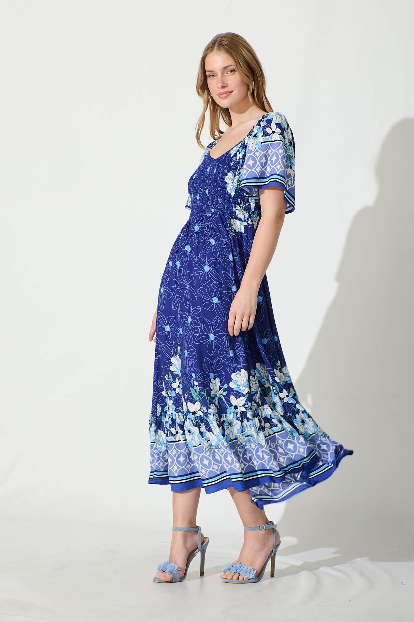 Carmella Maxi Dress in Blue Border Print