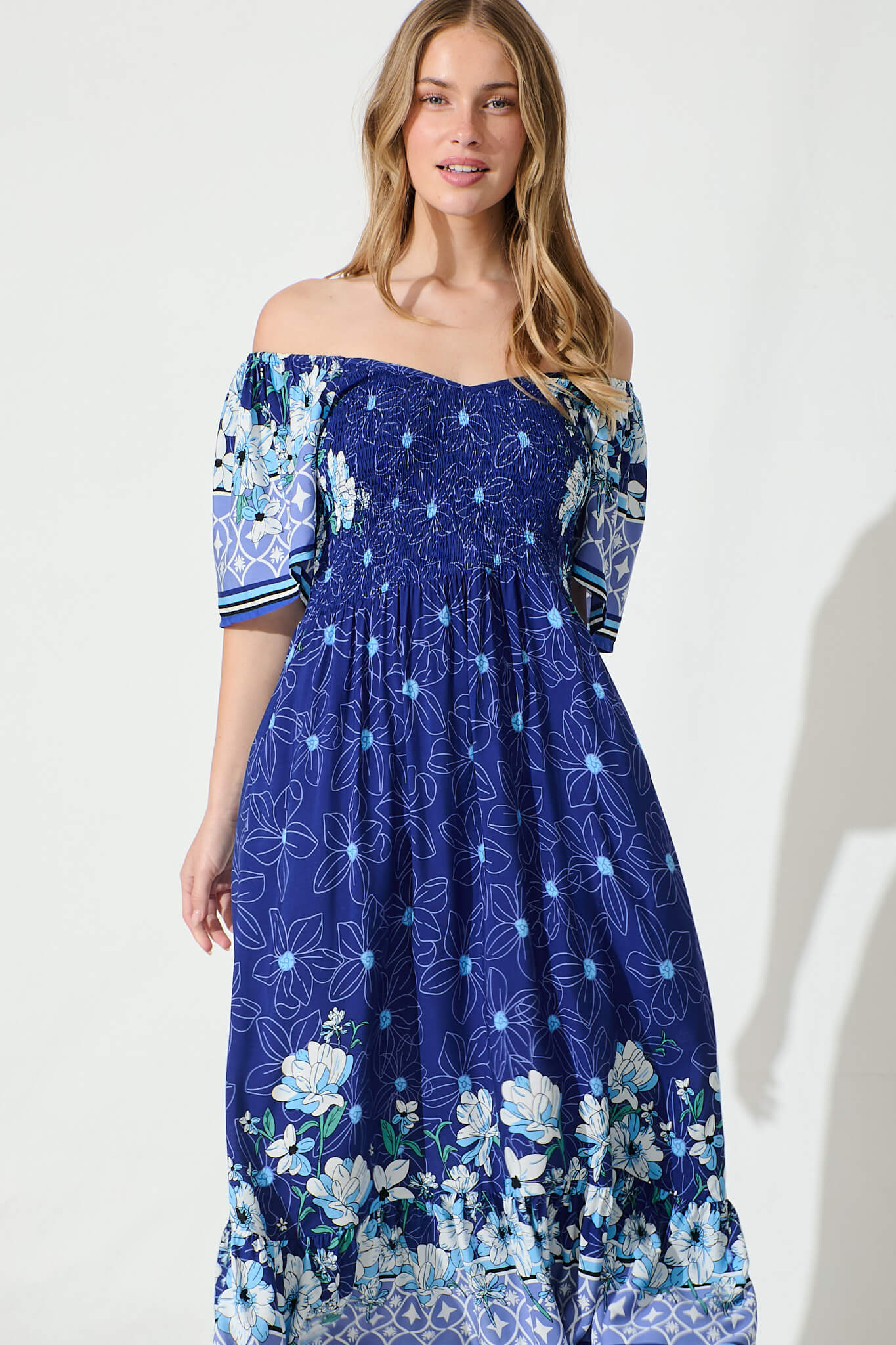 Carmella Maxi Dress in Blue Border Print