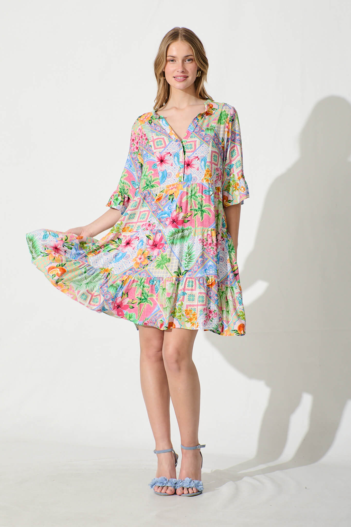 Aleister Smock Dress in Bright Multi Patchwork Floral