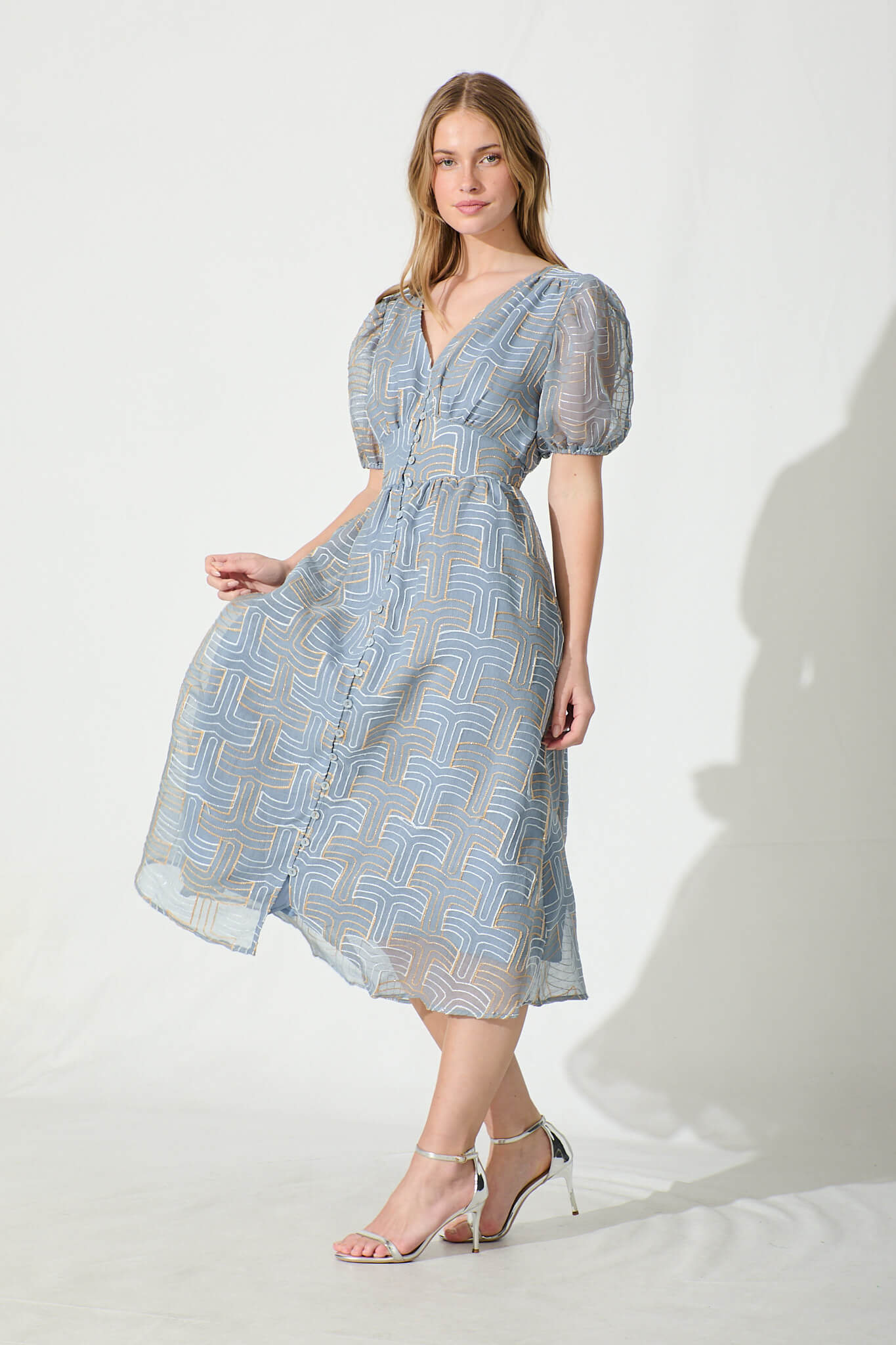 Evermore Midi Dress Dusty Blue with Lurex Embroidery