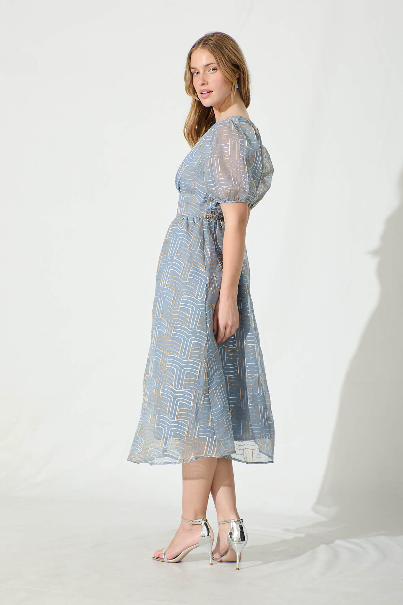 Evermore Midi Dress Dusty Blue with Lurex Embroidery