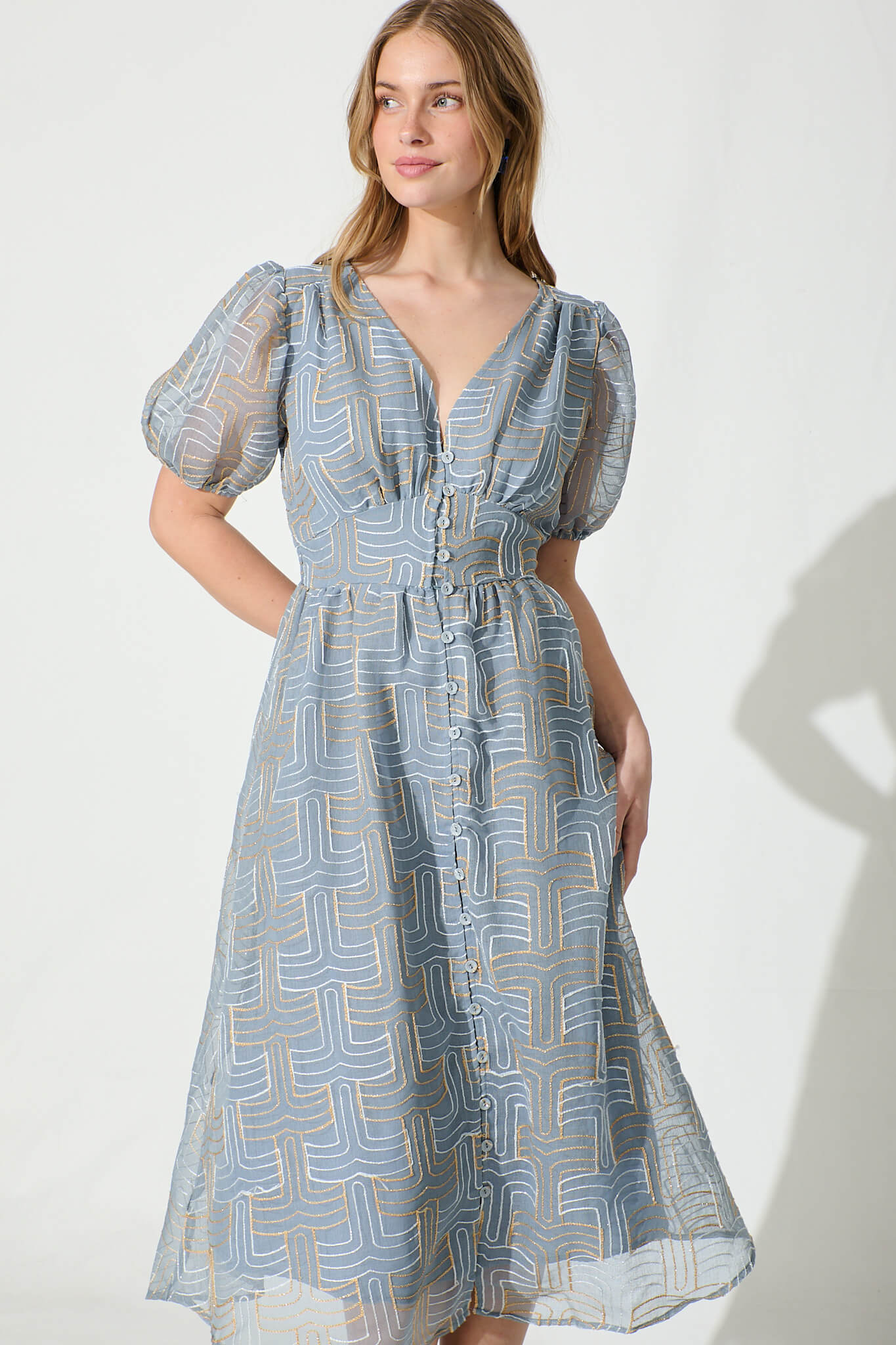 Evermore Midi Dress Dusty Blue with Lurex Embroidery