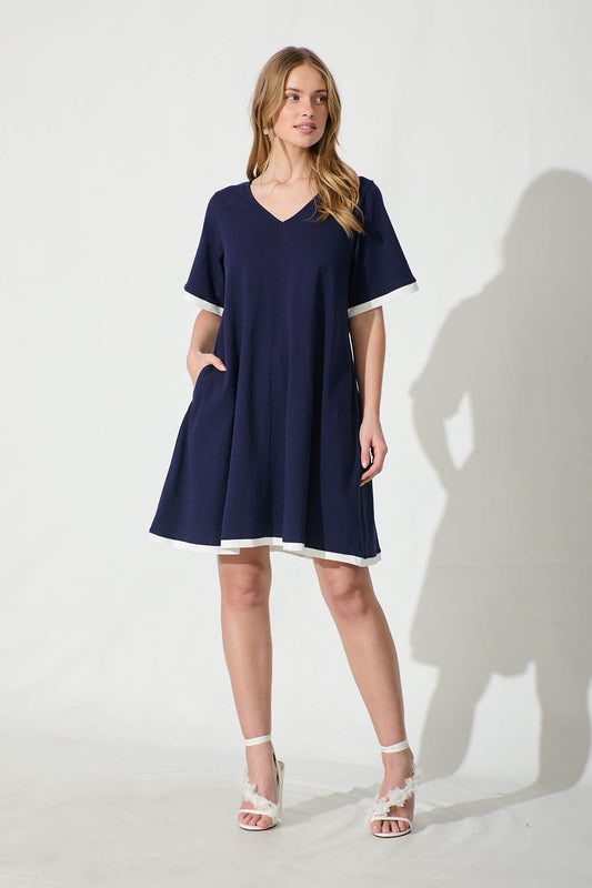 Emery Dress in Navy with White Contrast Trim Cotton