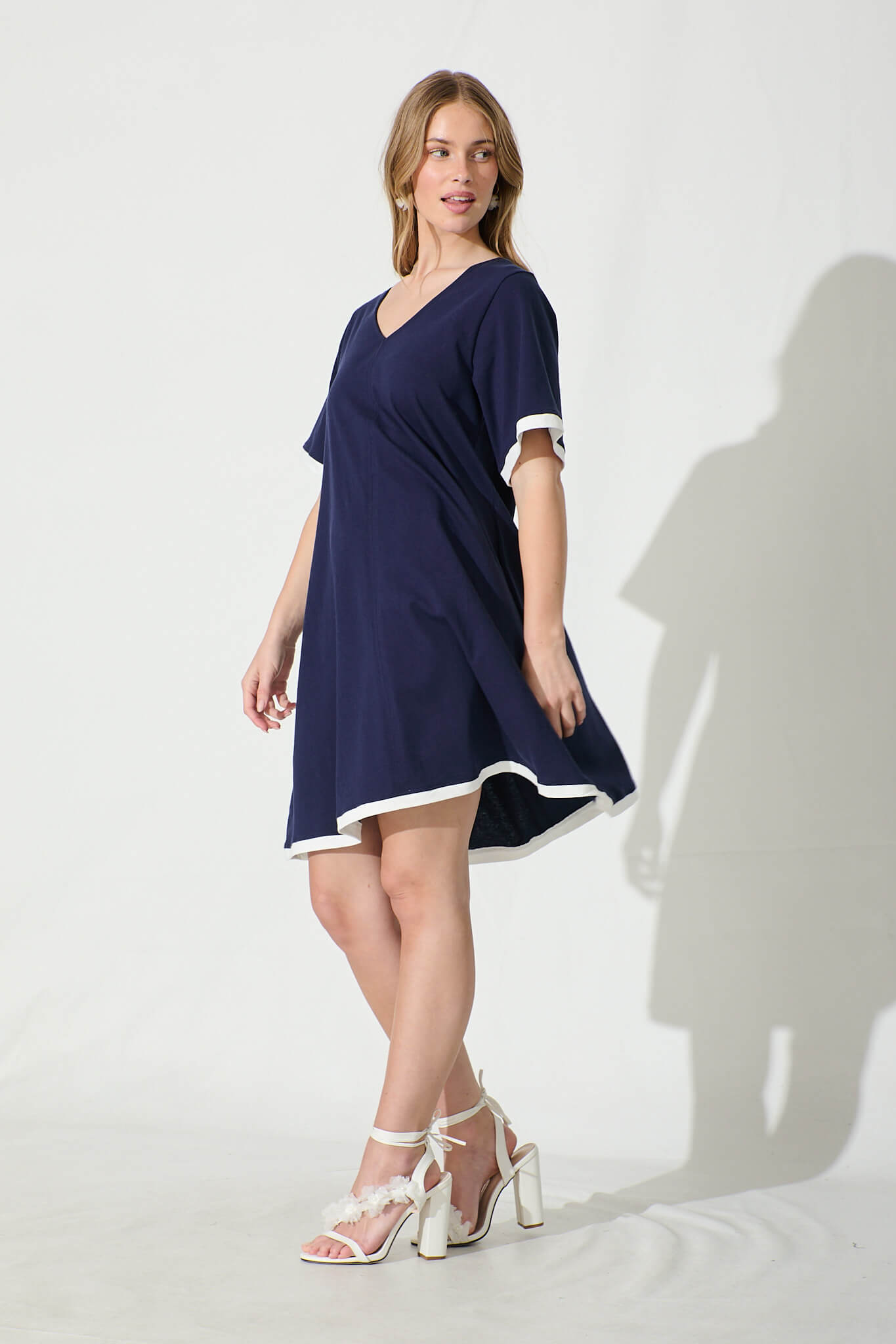 Emery Dress in Navy with White Contrast Trim Cotton