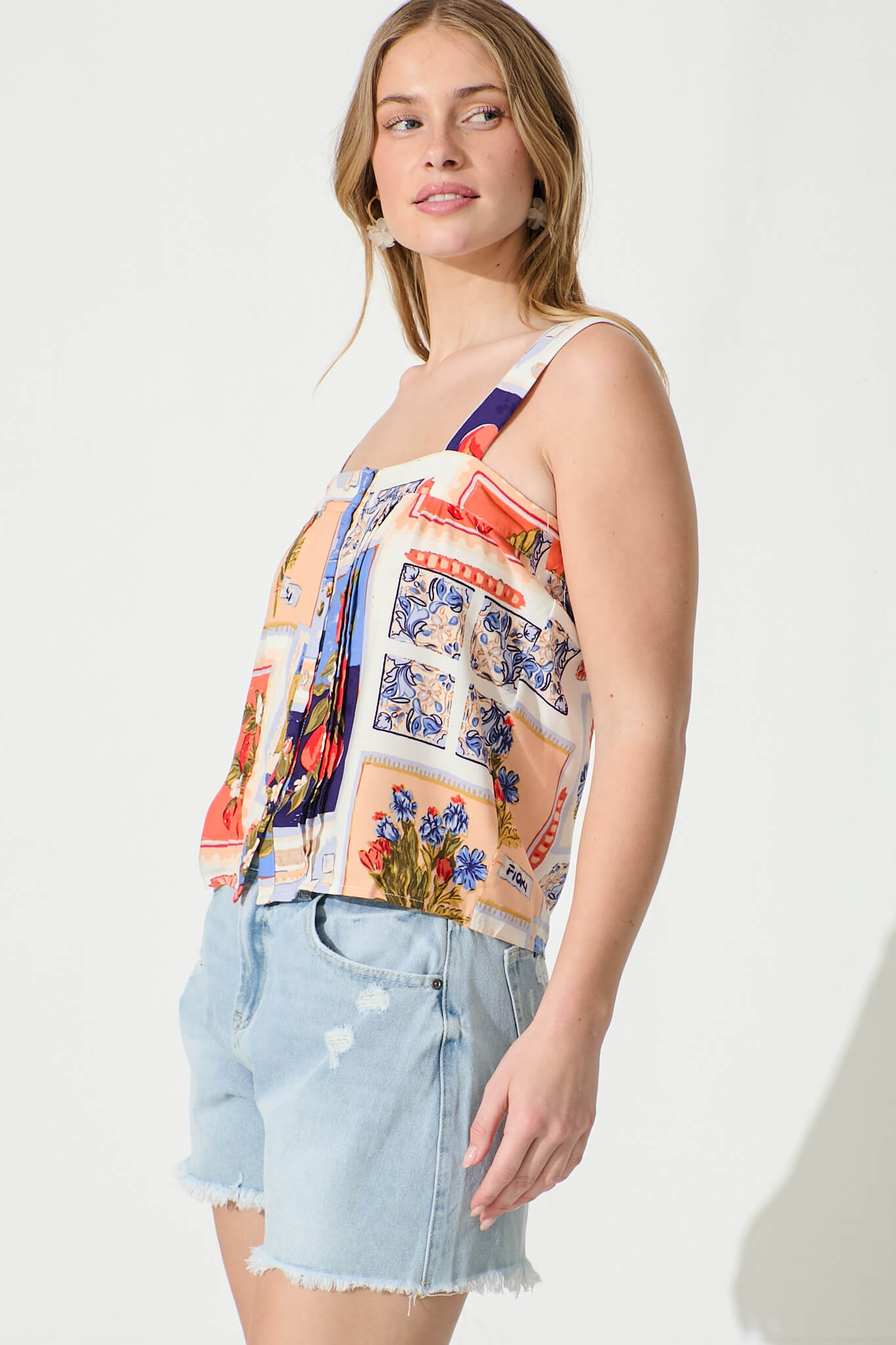 Liliana Cami Top In White Multi Postcard Print