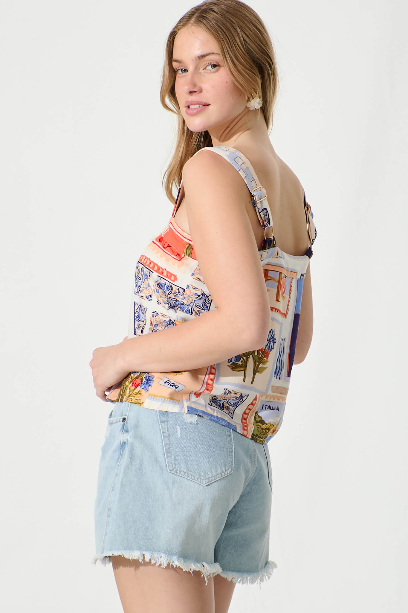 Liliana Cami Top In White Multi Postcard Print