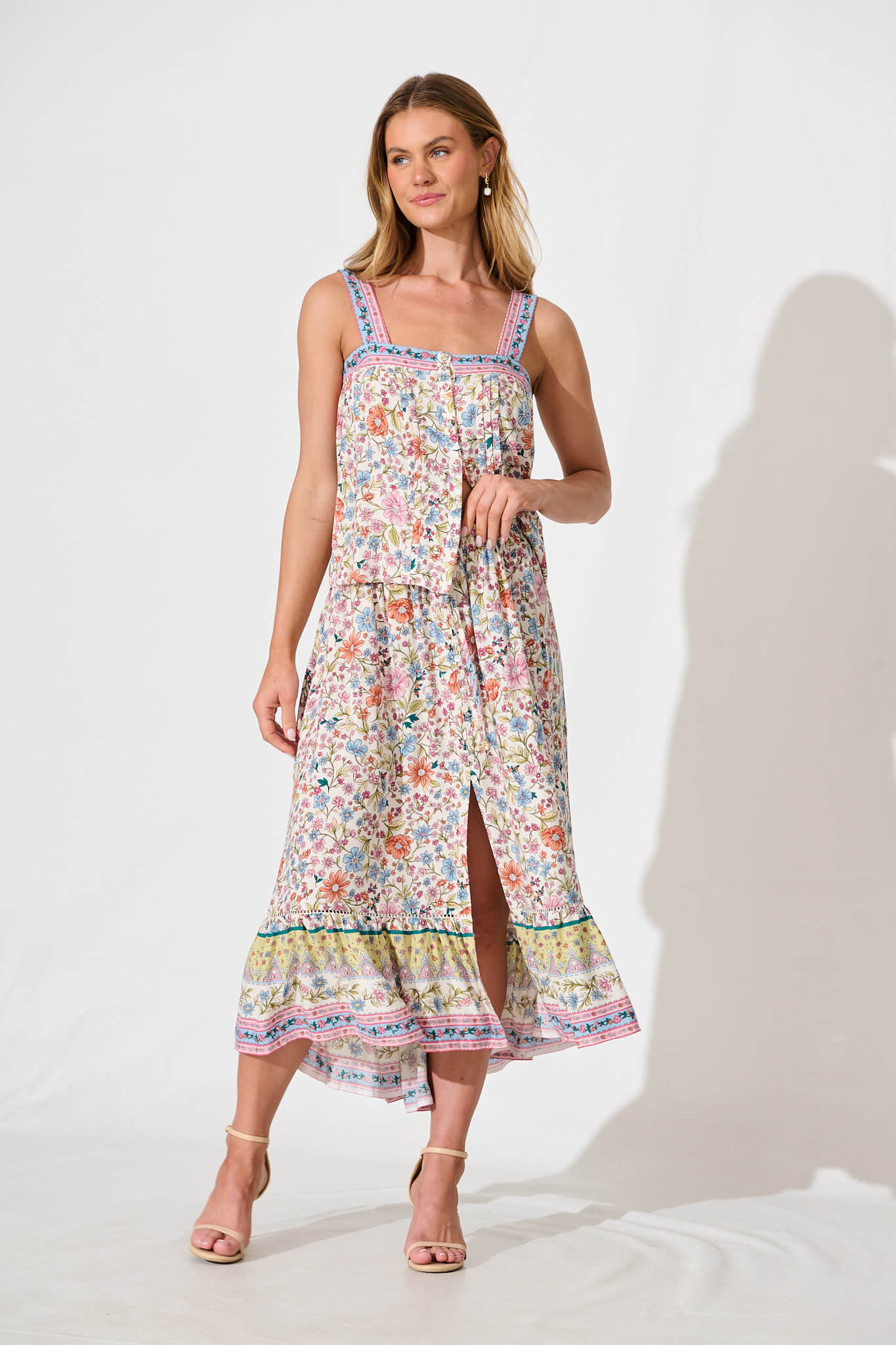 Malibu Maxi Skirt in White with Multi Floral Border Print