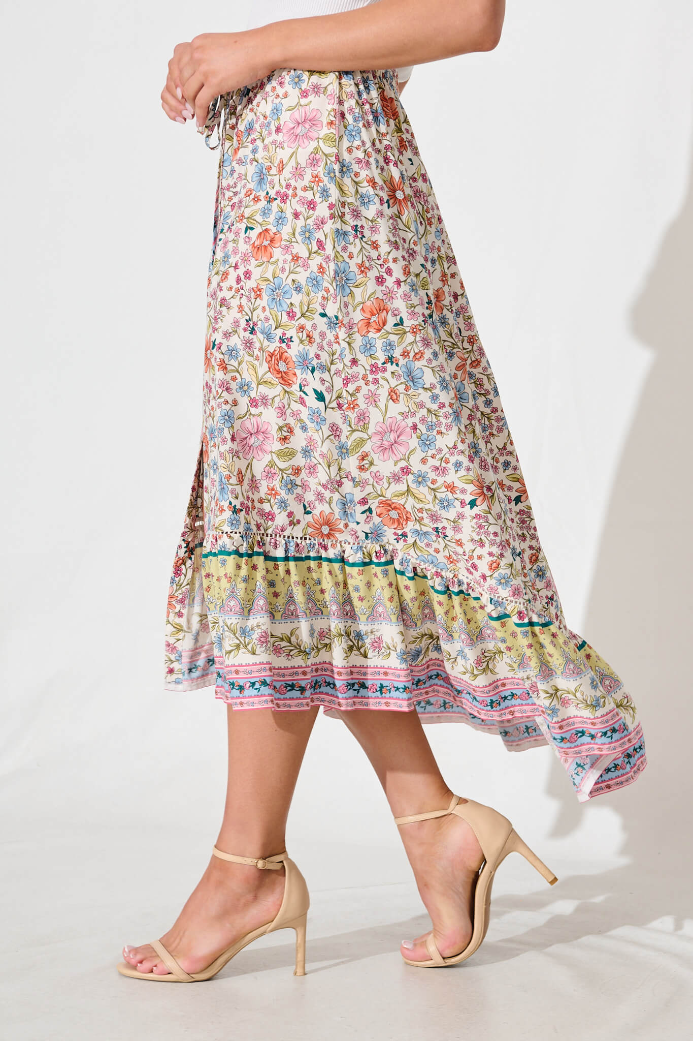 Malibu Maxi Skirt in White with Multi Floral Border Print