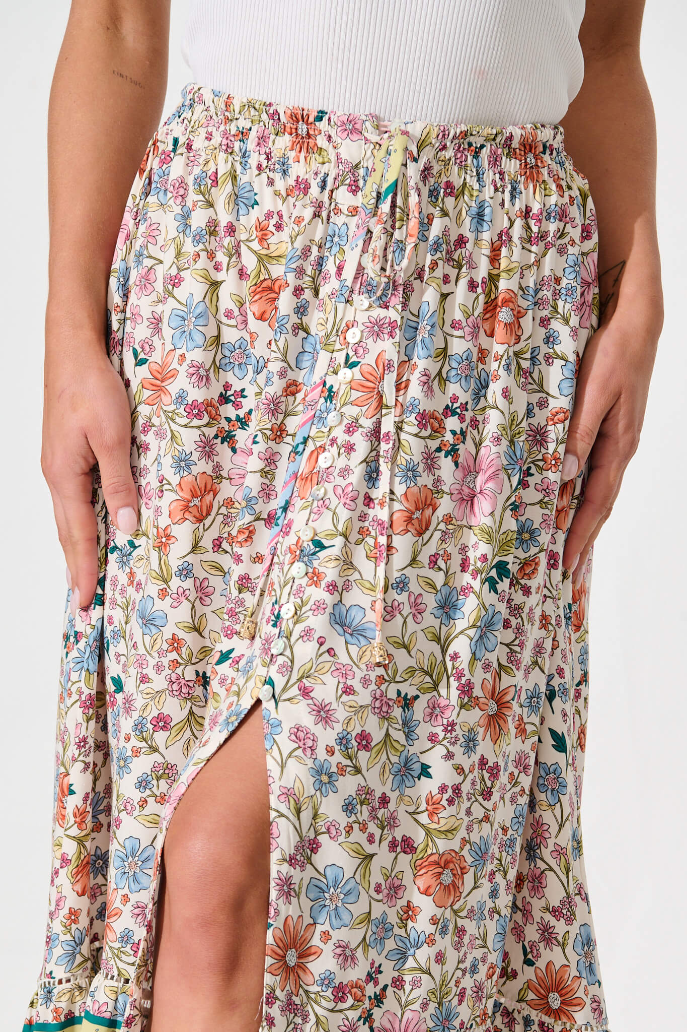 Malibu Maxi Skirt in White with Multi Floral Border Print