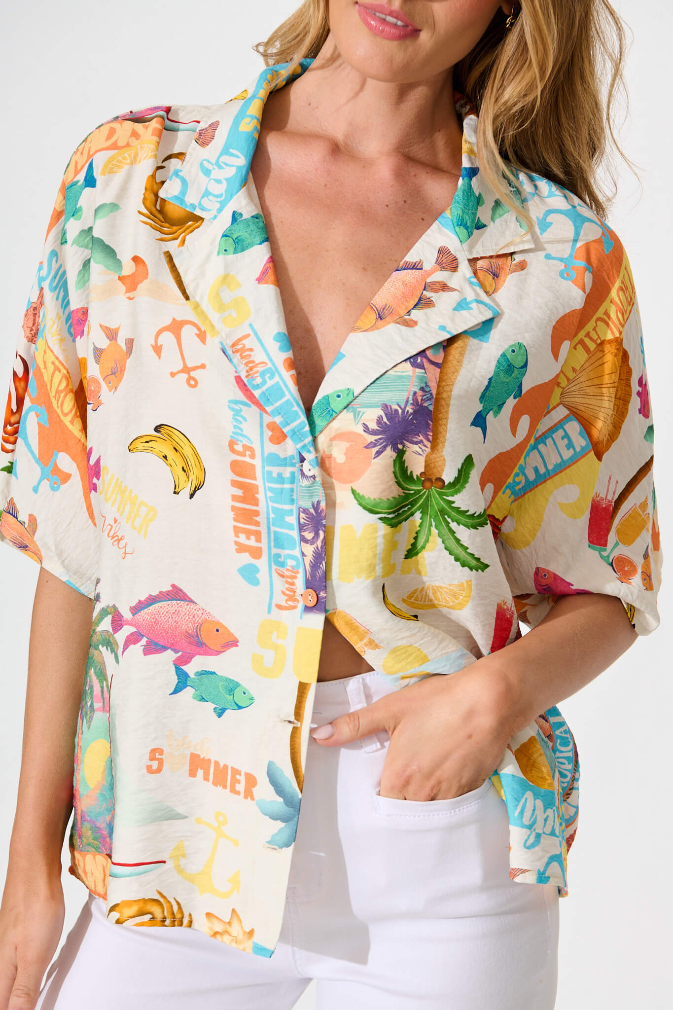 Columbia Shirt In Cream With Multi Summer Print