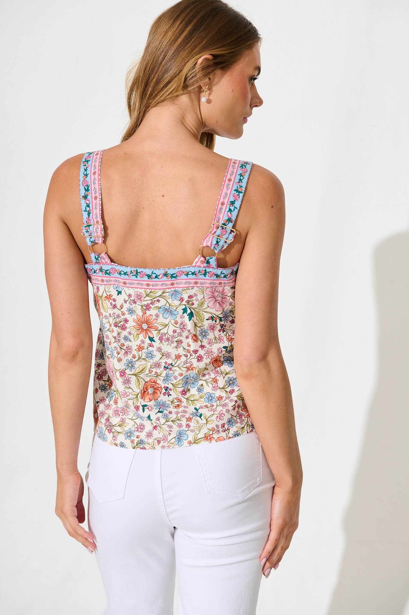Liliana Cami Top In White with Multi Floral Border Print