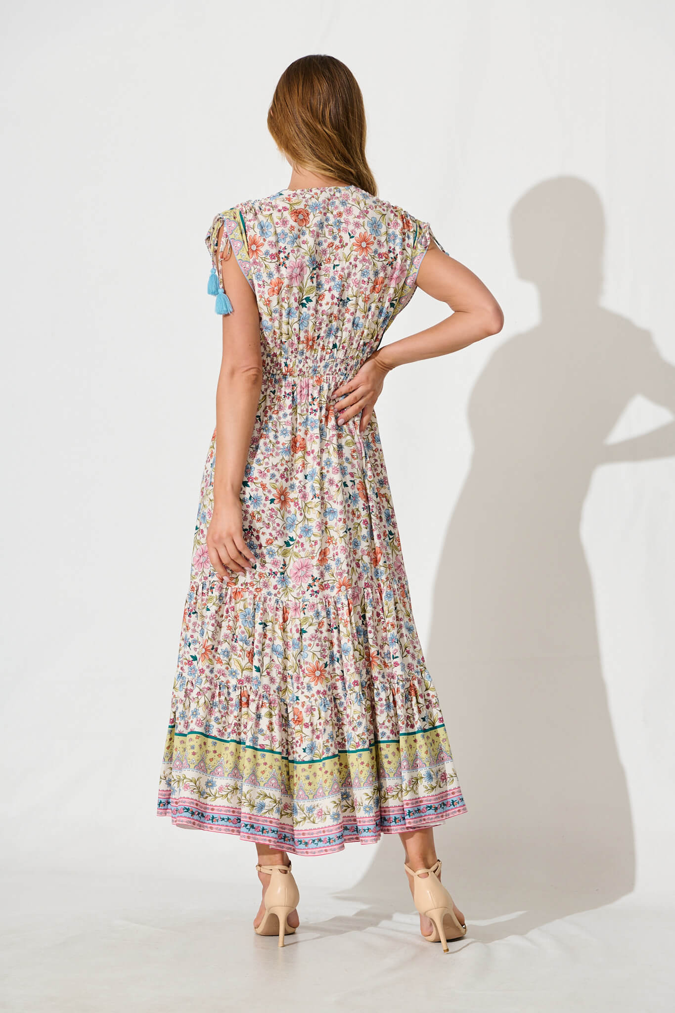 Olina Maxi Dress in White with Multi Floral Border Print