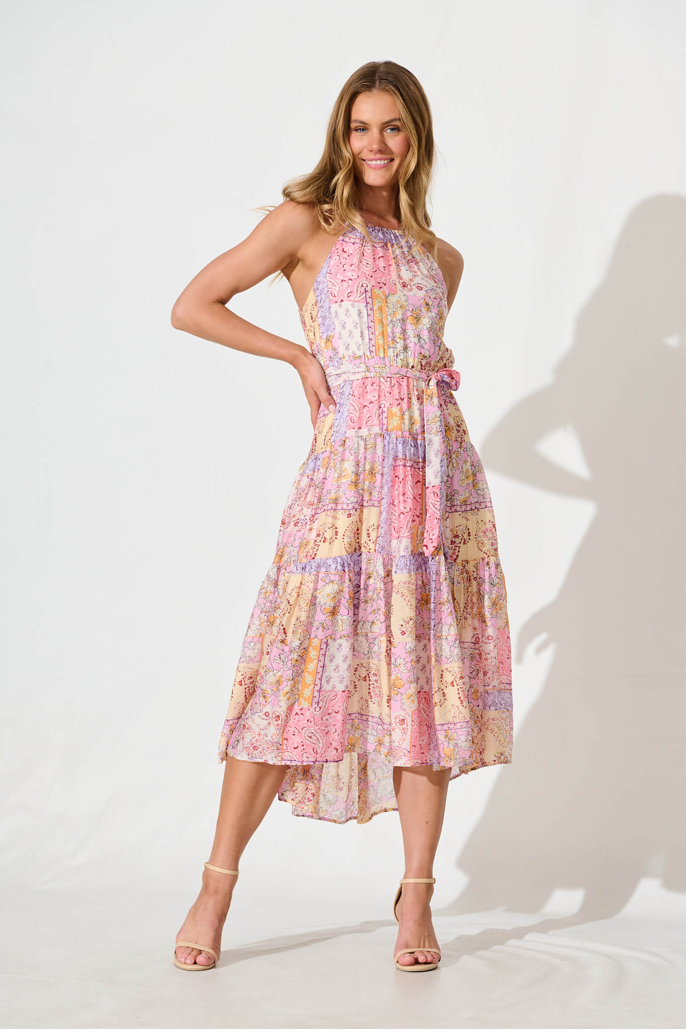 Besiana Midi Halter Neck Dress in Pink Multi Patchwork