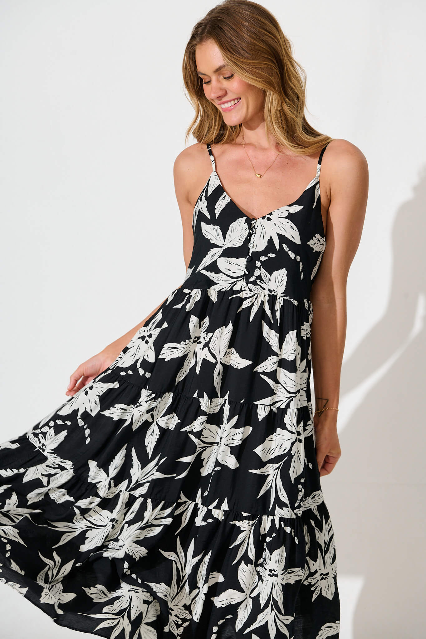 Sherwick Midi Sundress in Black with White Flower