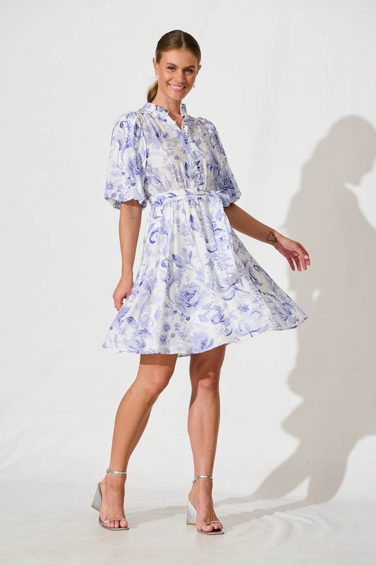 Aerida Dress in White with Blue Print Cotton Blend